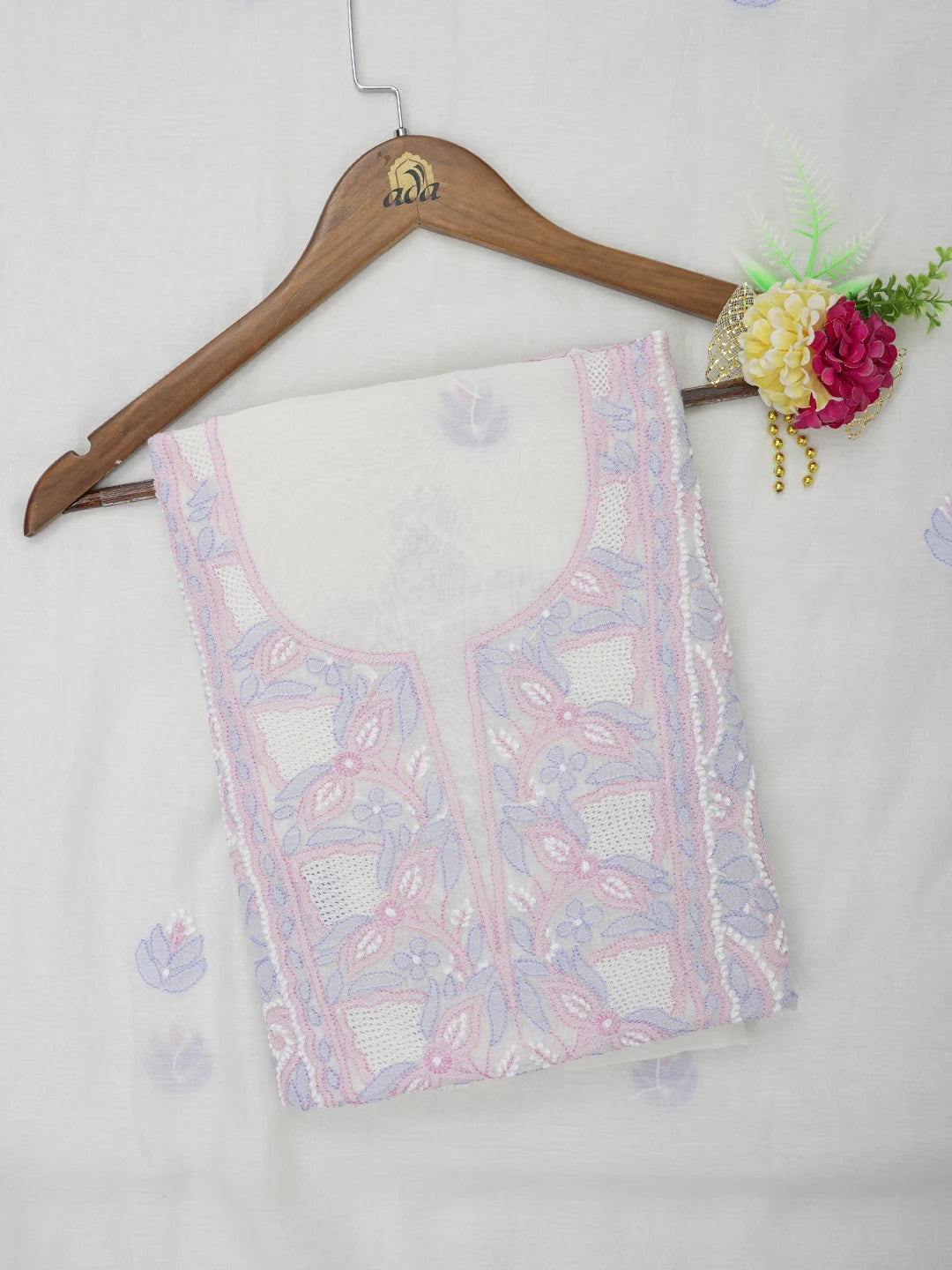 Ada Hand Embroidered White Chanderi Lucknowi Chikankari Unstitched Kurta Dupatta Set 01A638840