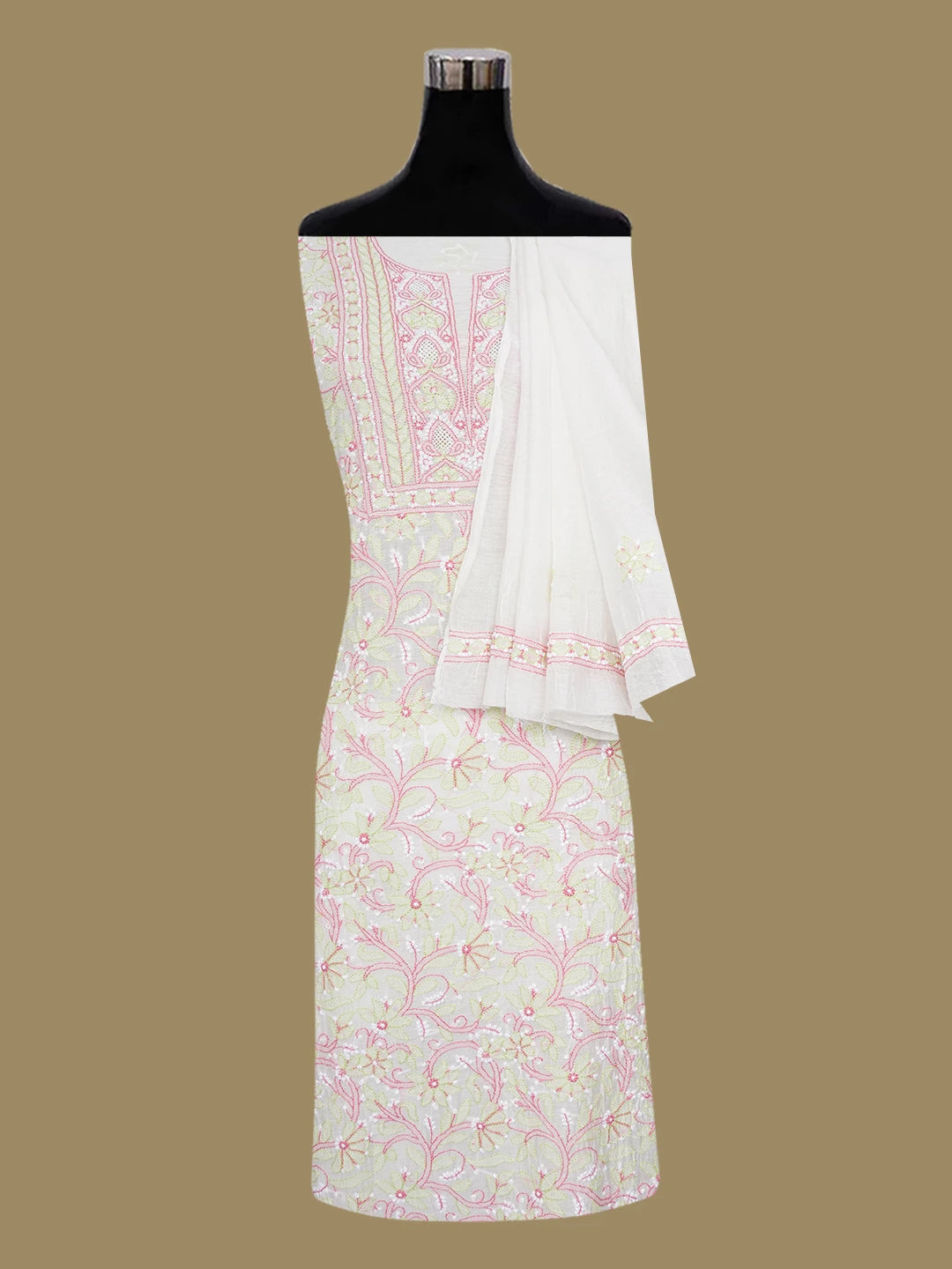 Ada Hand Embroidered Off White Chanderi Lucknowi Chikankari Unstitched Kurta Dupatta Set 01A568658