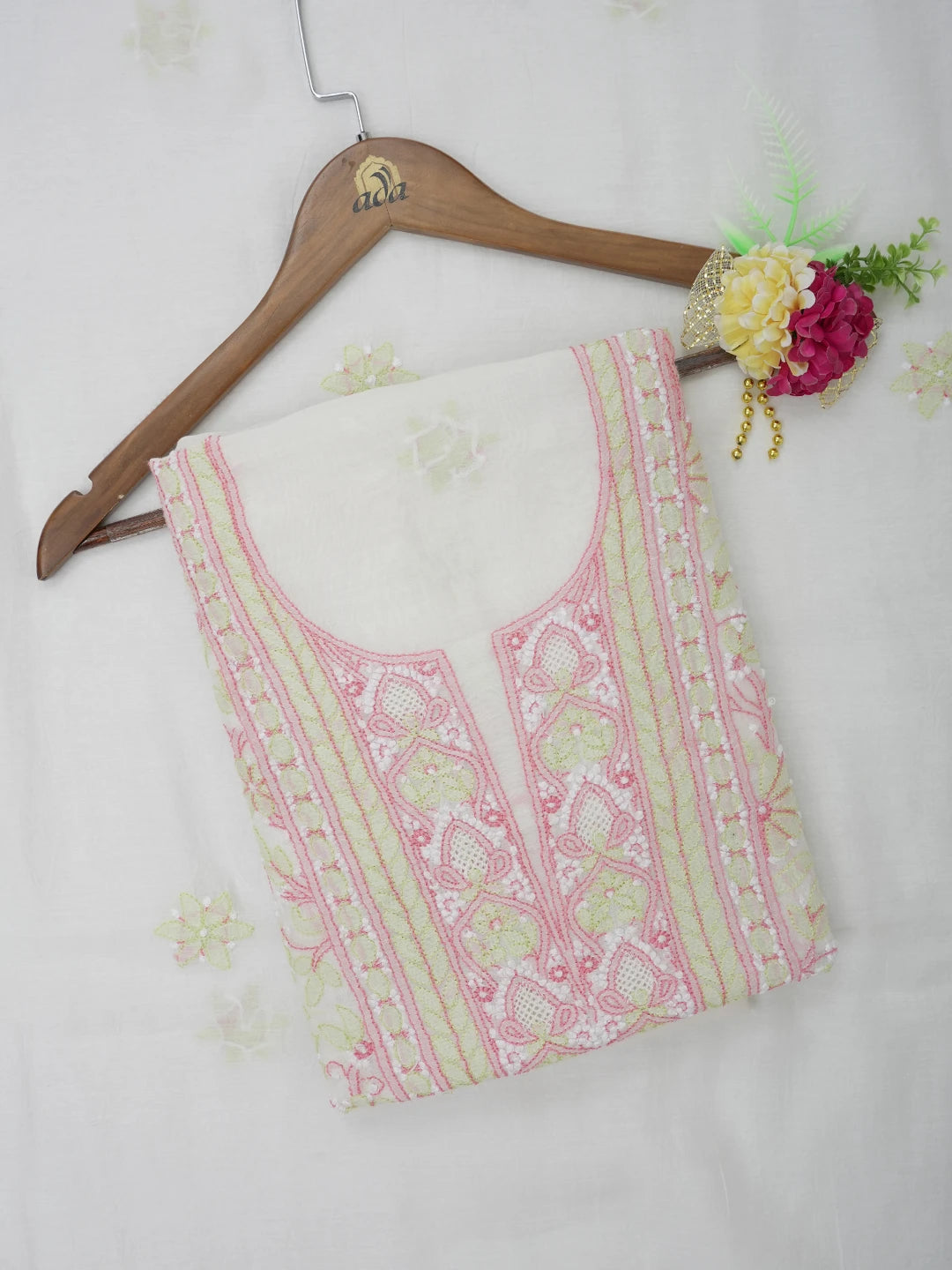Ada Hand Embroidered Off White Chanderi Lucknowi Chikankari Unstitched Kurta Dupatta Set 01A568658