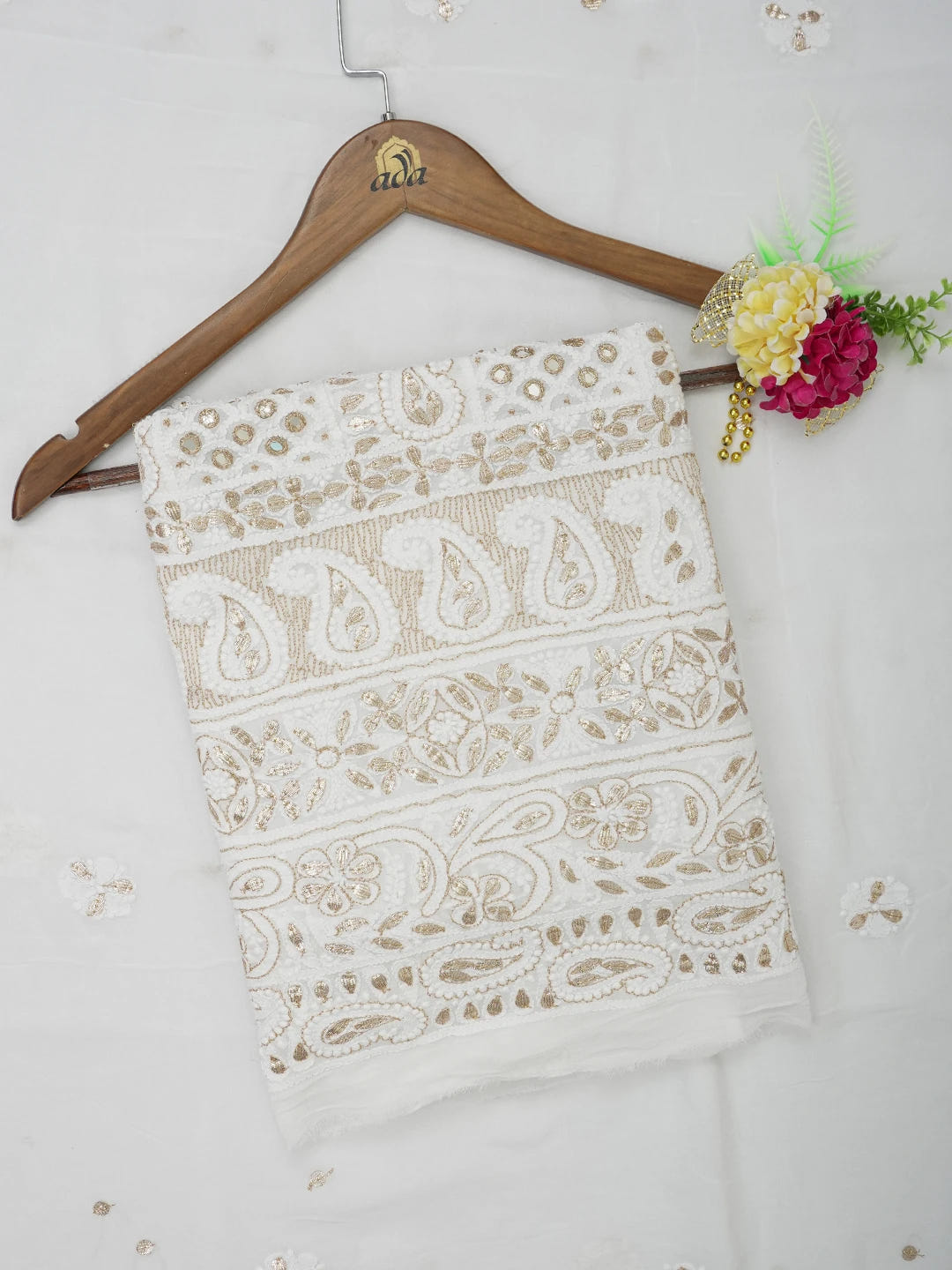 Ada Hand Embroidered White Viscose Georgette Lucknowi Chikankari Unstitched Kurta Dupatta Set With Gota Patti Wok 01A642969
