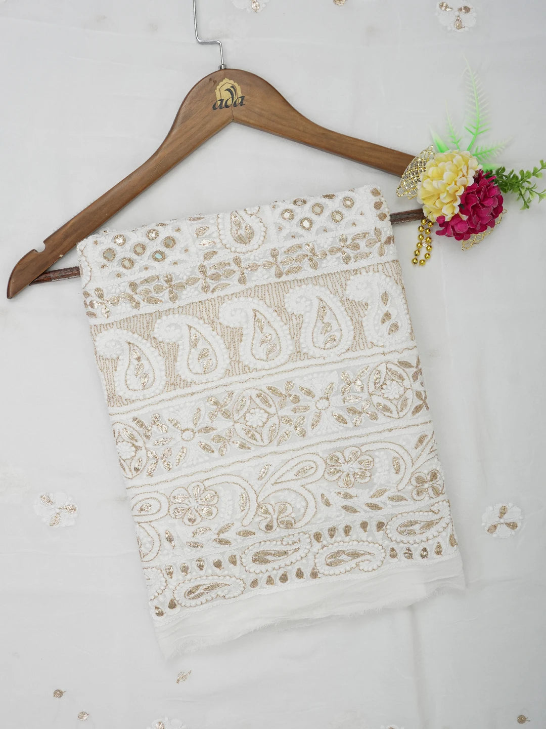 Ada Hand Embroidered White Viscose Georgette Lucknowi Chikankari Unstitched Kurta Dupatta Set With Gota Patti Wok 01A642969