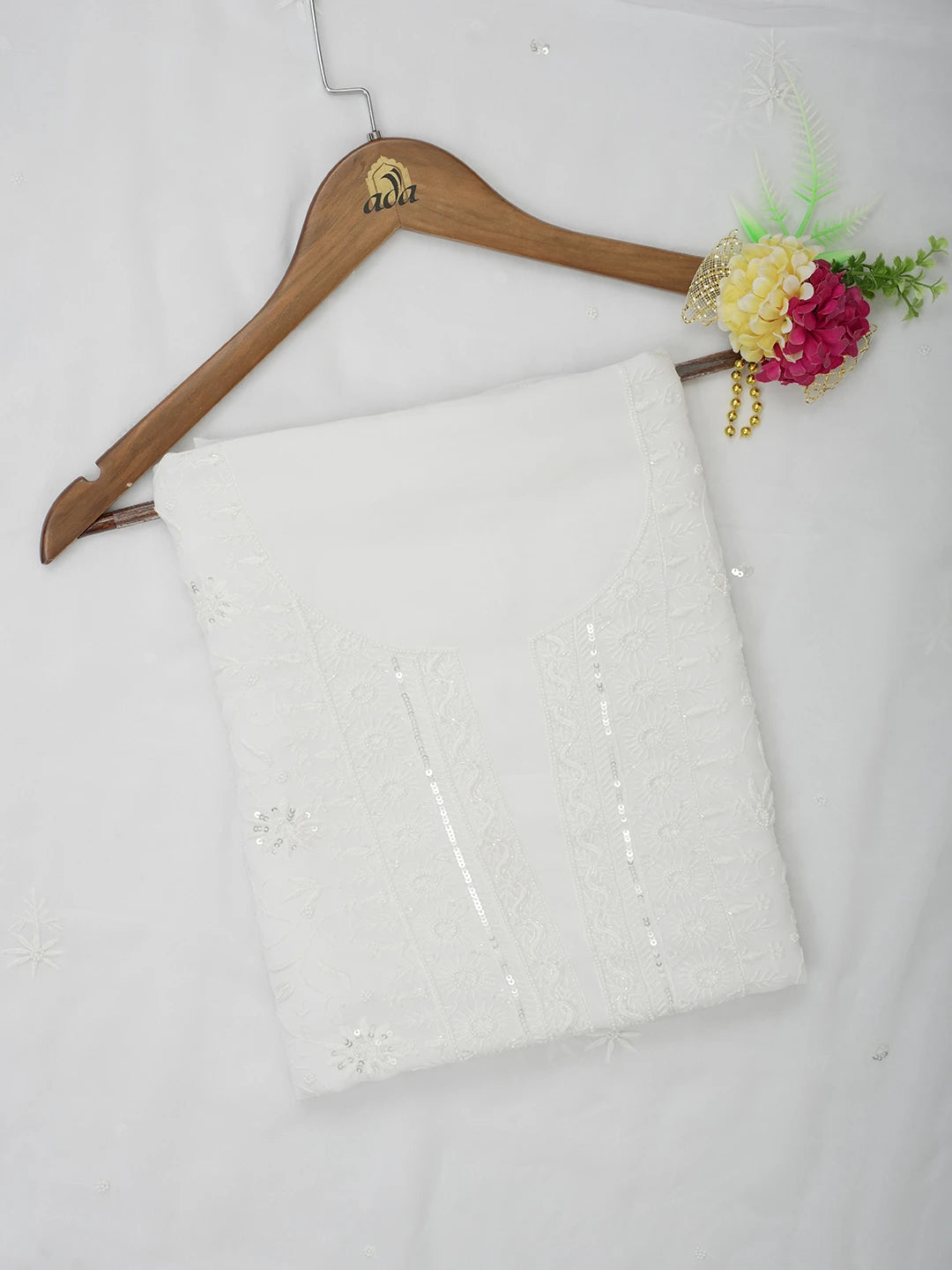 Ada Hand Embroidered White Viscose Georgette Lucknowi Chikankari Unstitched Kurta Dupatta Set With Pearl Work 01A630113