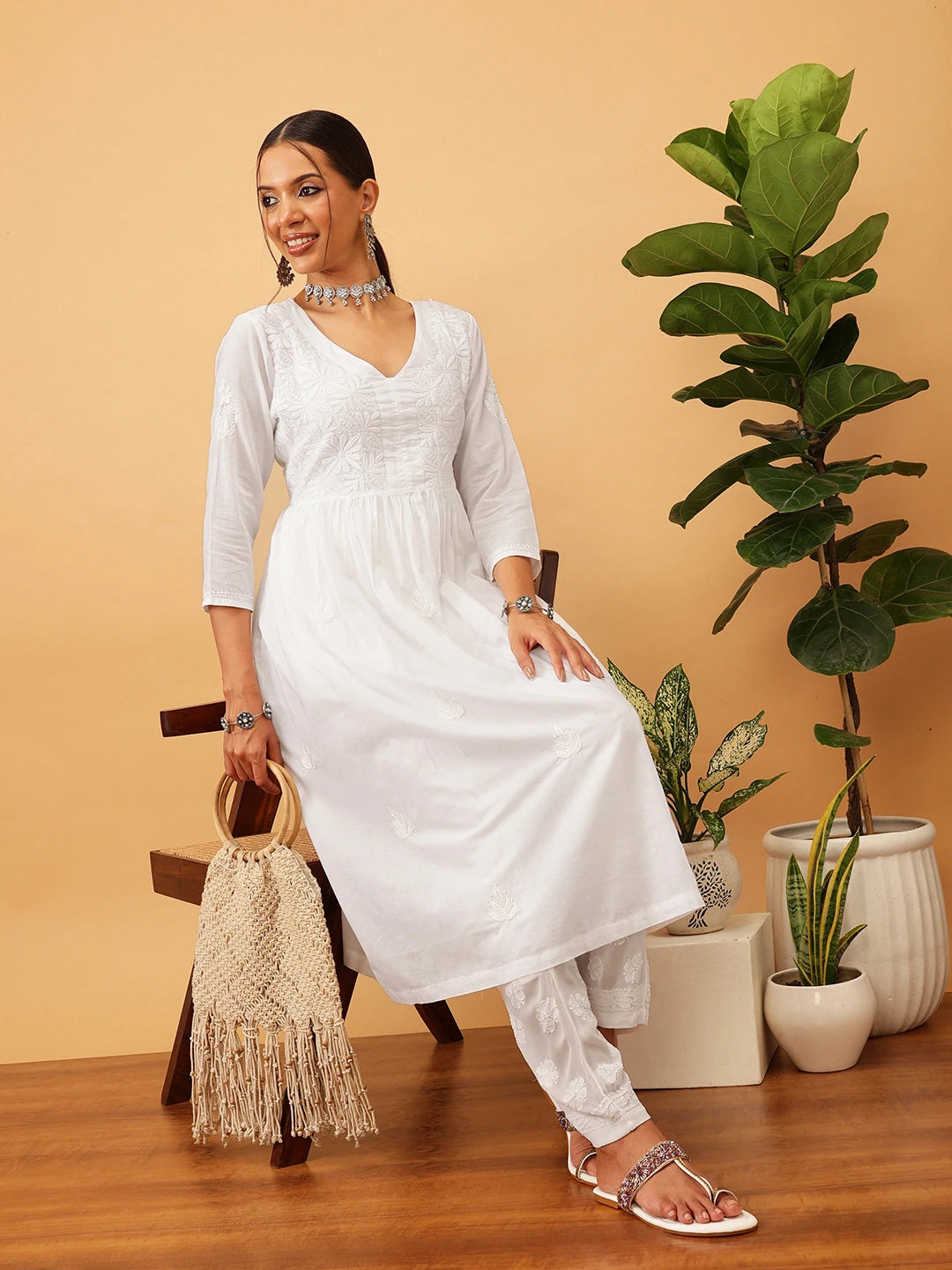Ada Hand Embroidered White Cotton Lucknowi Chikankari A-line Kurta A411704