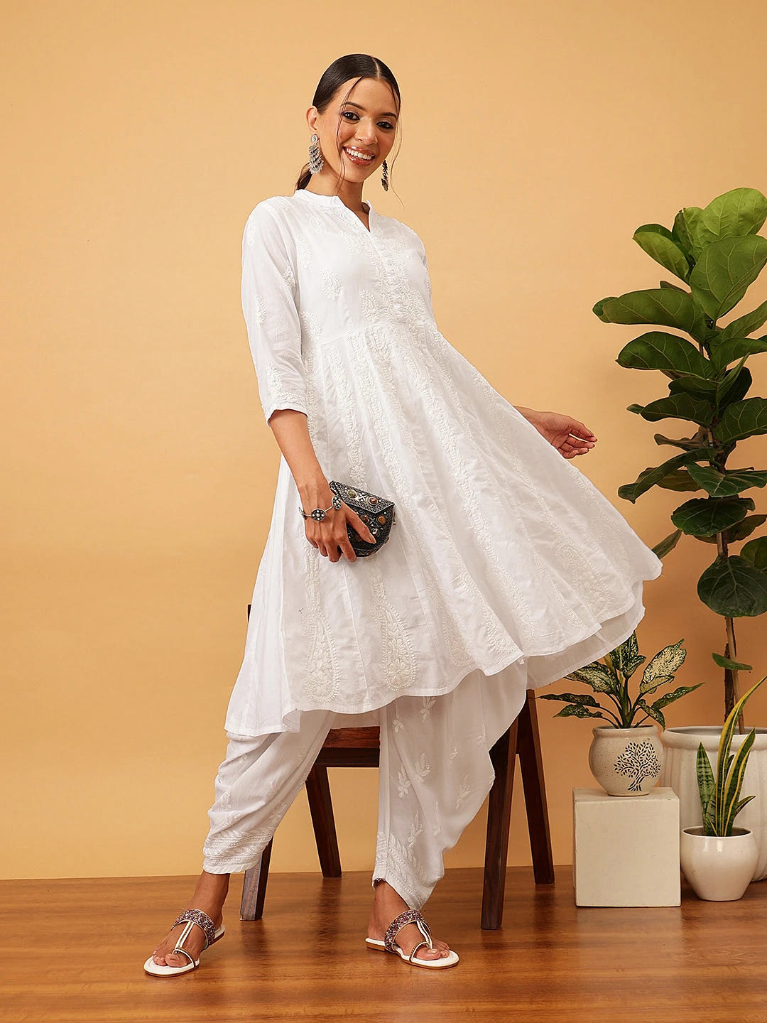 Ada Hand Embroidered White Cotton Lucknowi Chikankari Anarkali A-line Kurta A411703