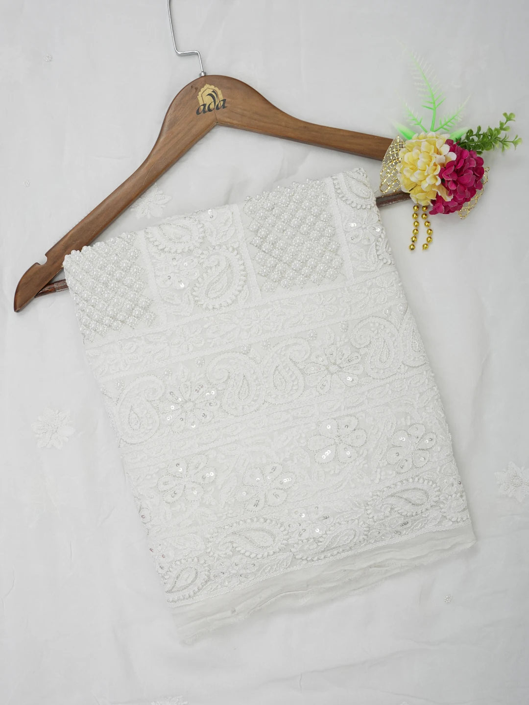 Ada Hand Embroidered Ivory White Viscose Georgette Lucknowi Chikankari Unstitched Kurta Dupatta Set With Pearl Work 01A642970