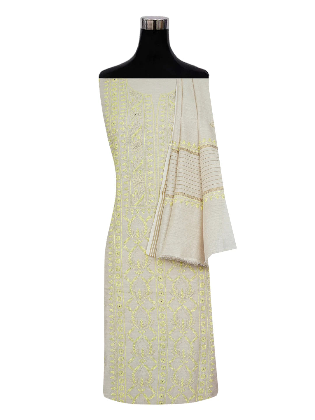 Ada Hand Embroidered Fawn Moonga Silk Lucknowi Chikankari Unstitched Kurta Dupatta Set 01A503972