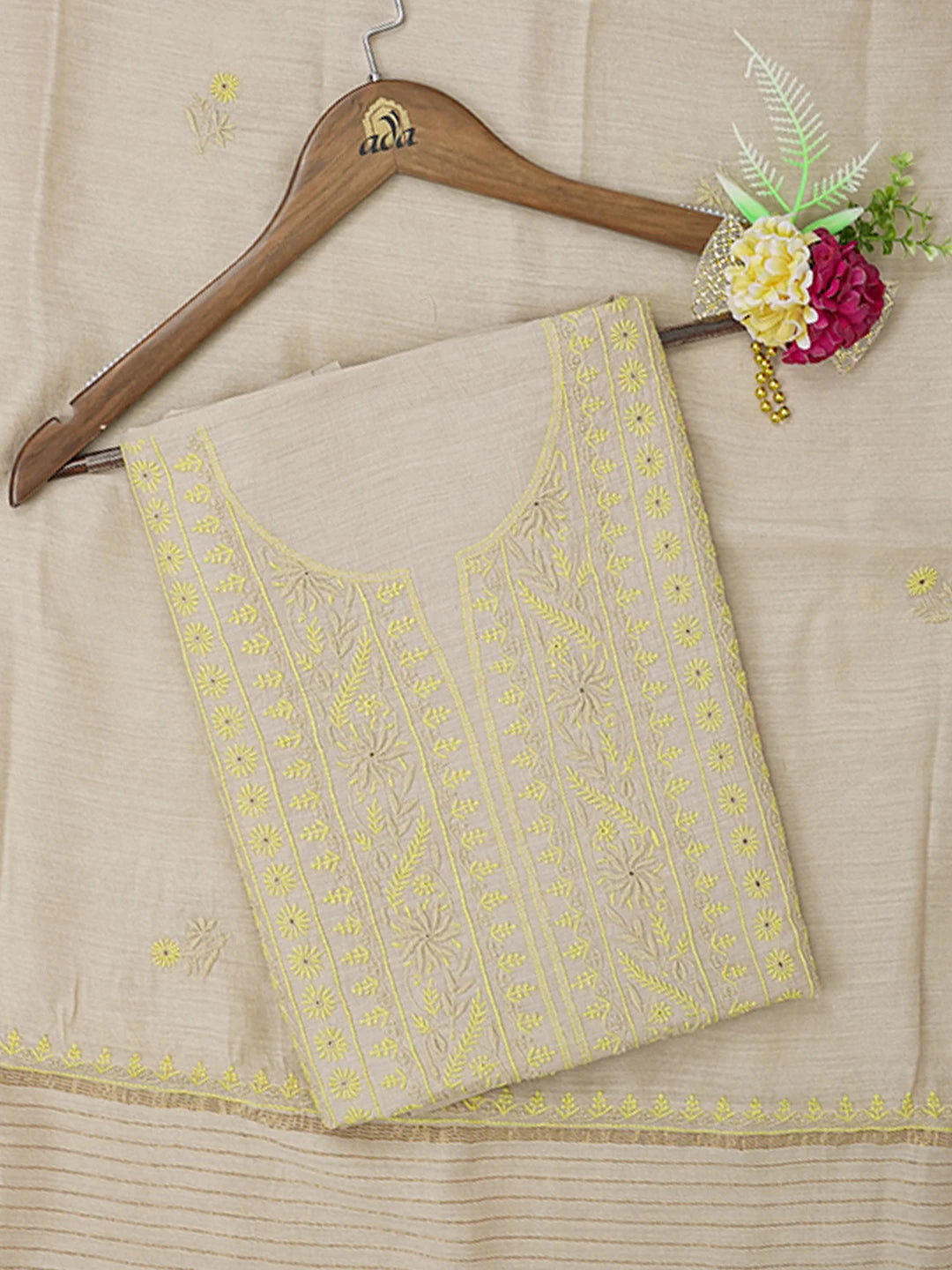 Ada Hand Embroidered Fawn Moonga Silk Lucknowi Chikankari Unstitched Kurta Dupatta Set 01A503972