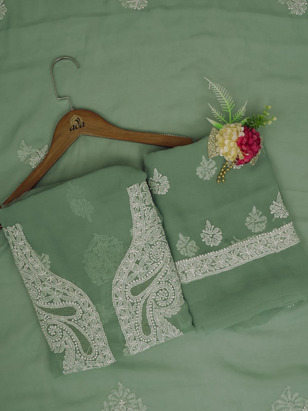 Ada Hand Embroidered Saga Green Georgette Lucknowi Chikankari Unstitched Suit Piece 01A643901