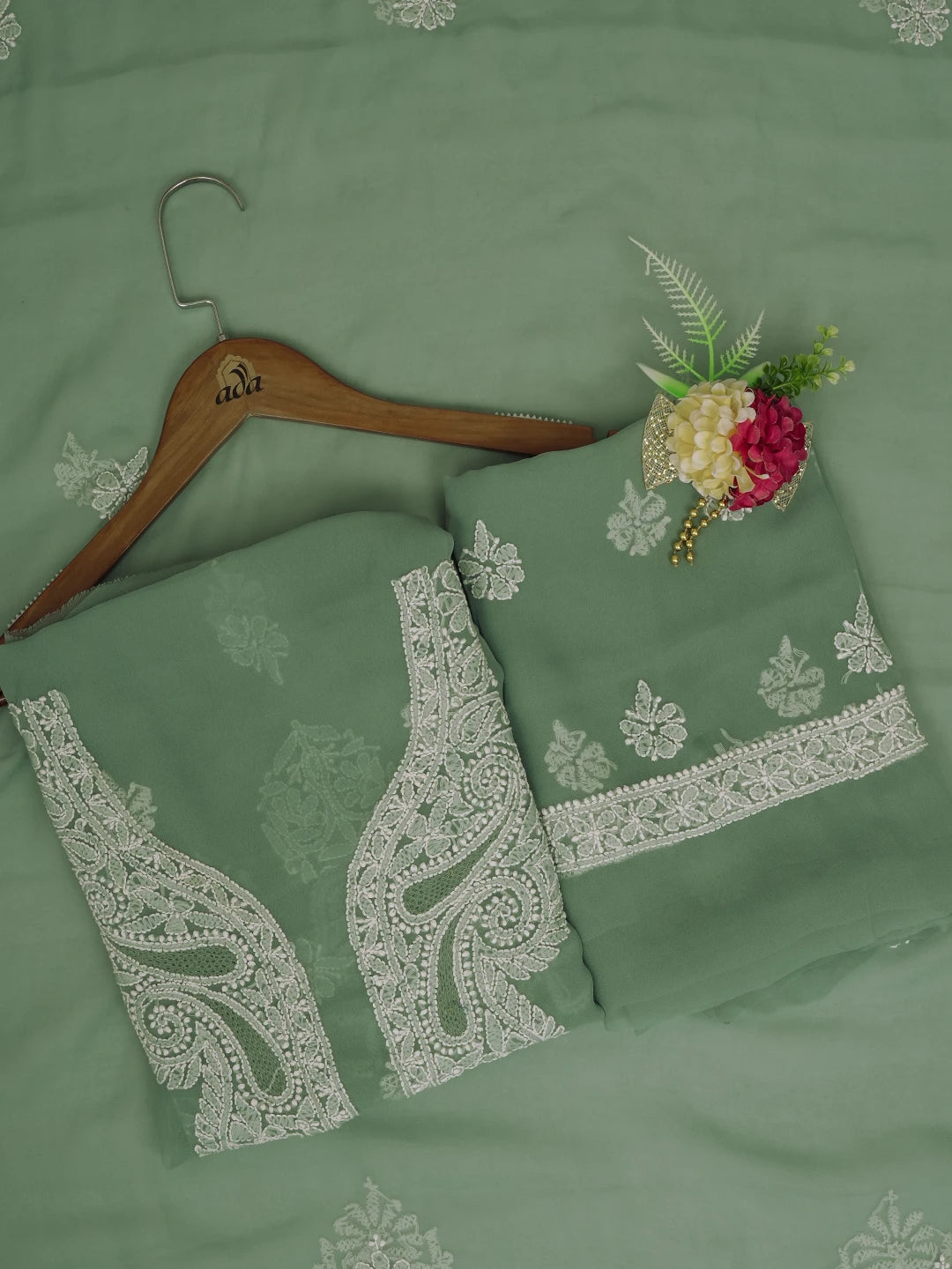 Ada Hand Embroidered Saga Green Georgette Lucknowi Chikankari Unstitched Suit Piece 01A643901
