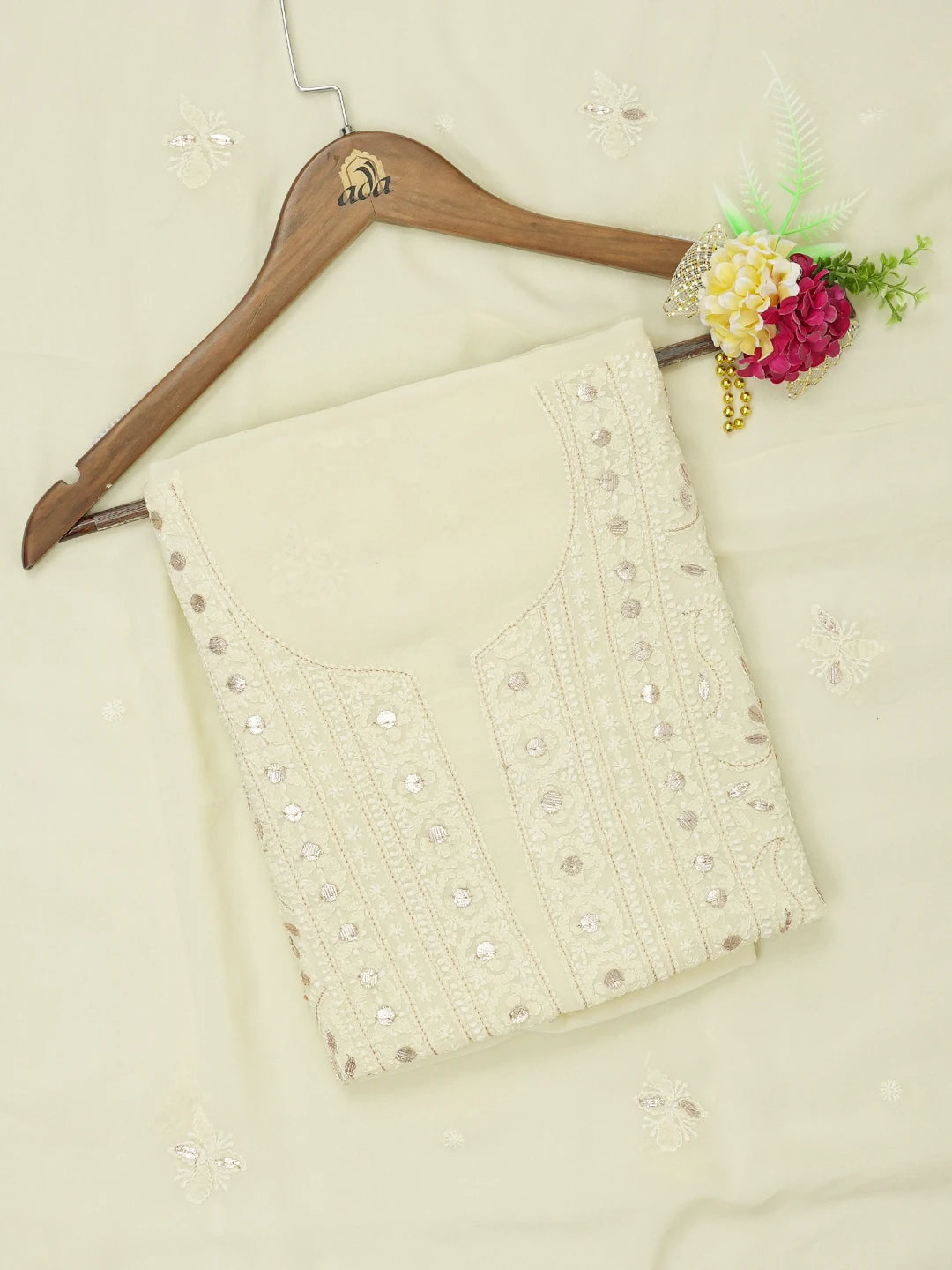 Ada Hand Embroidered Lemon Viscose Georgette Lucknowi Chikankari Unstitched Kurta Dupatta Set With Gota Patti Wok 01A634295
