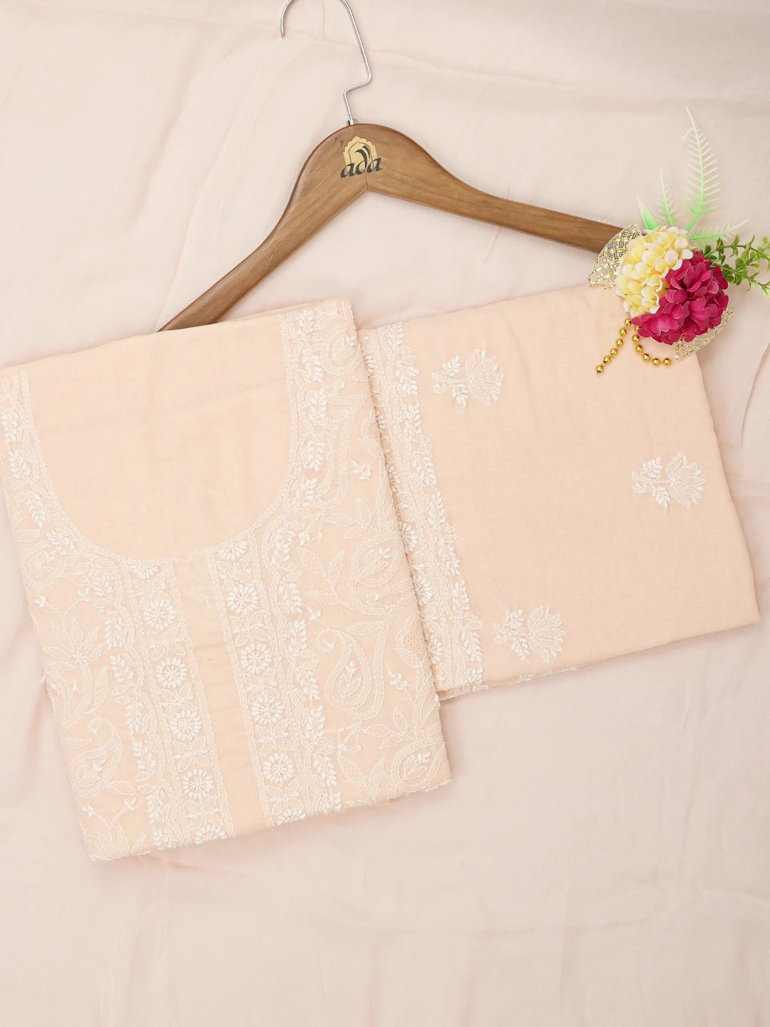 Ada Hand Embroidered Peach Cotton Lucknowi Chikankari Unstitched Suit Piece 01A639222