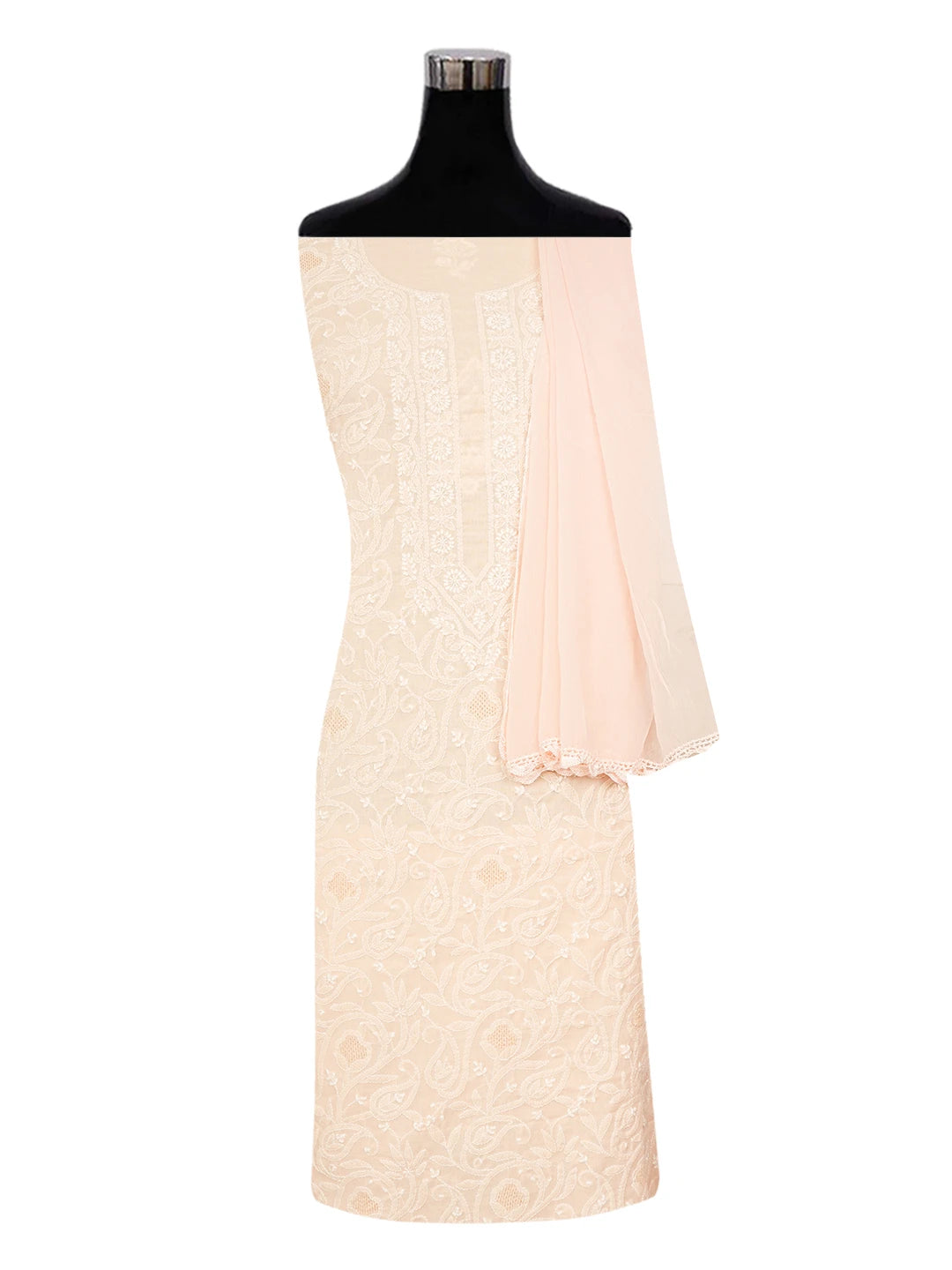 Ada Hand Embroidered Peach Cotton Lucknowi Chikankari Unstitched Suit Piece 01A639222