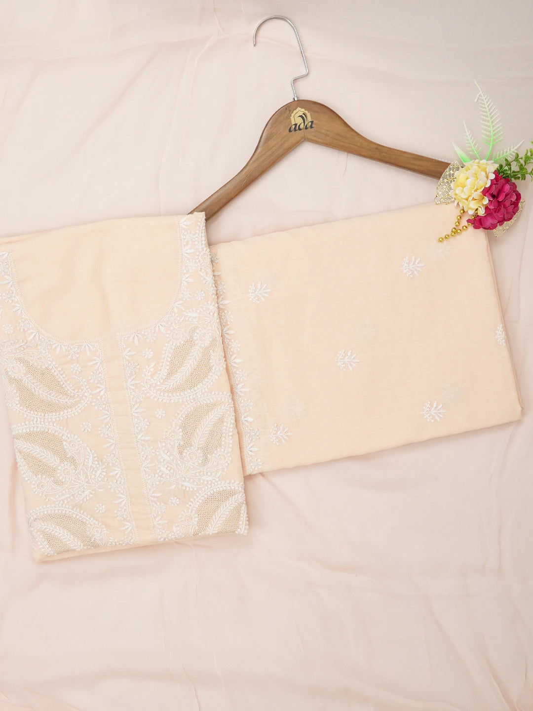 Ada Hand Embroidered Light Peach Cotton Lucknowi Chikankari Unstitched Suit Piece 01A370351