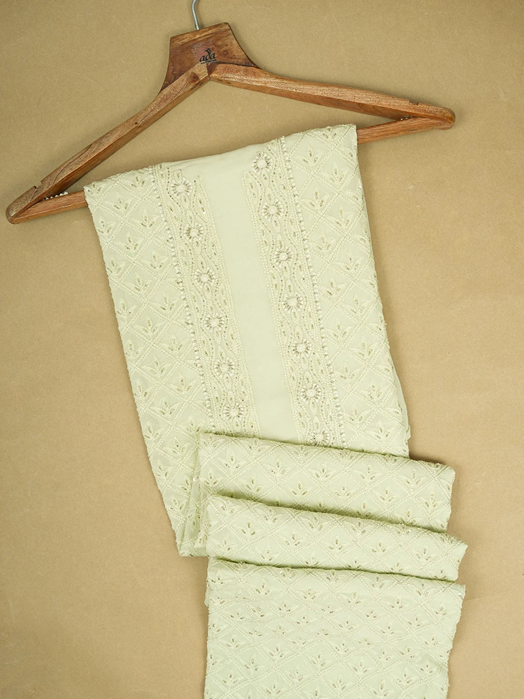 Ada Hand Embroidered Pista Green Viscose Georgette Lucknowi Chikankari Unstitched Men's Kurta Piece With Sequinned Work 01A569187