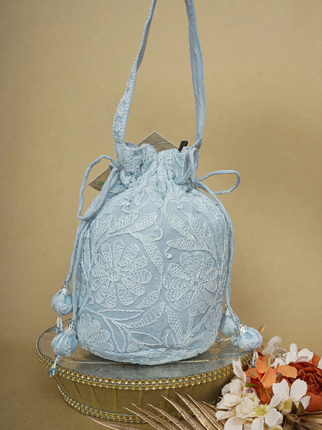 Ada Hand Embroidered Grey Net Lucknowi Chikankari Potli Bag 01A644302