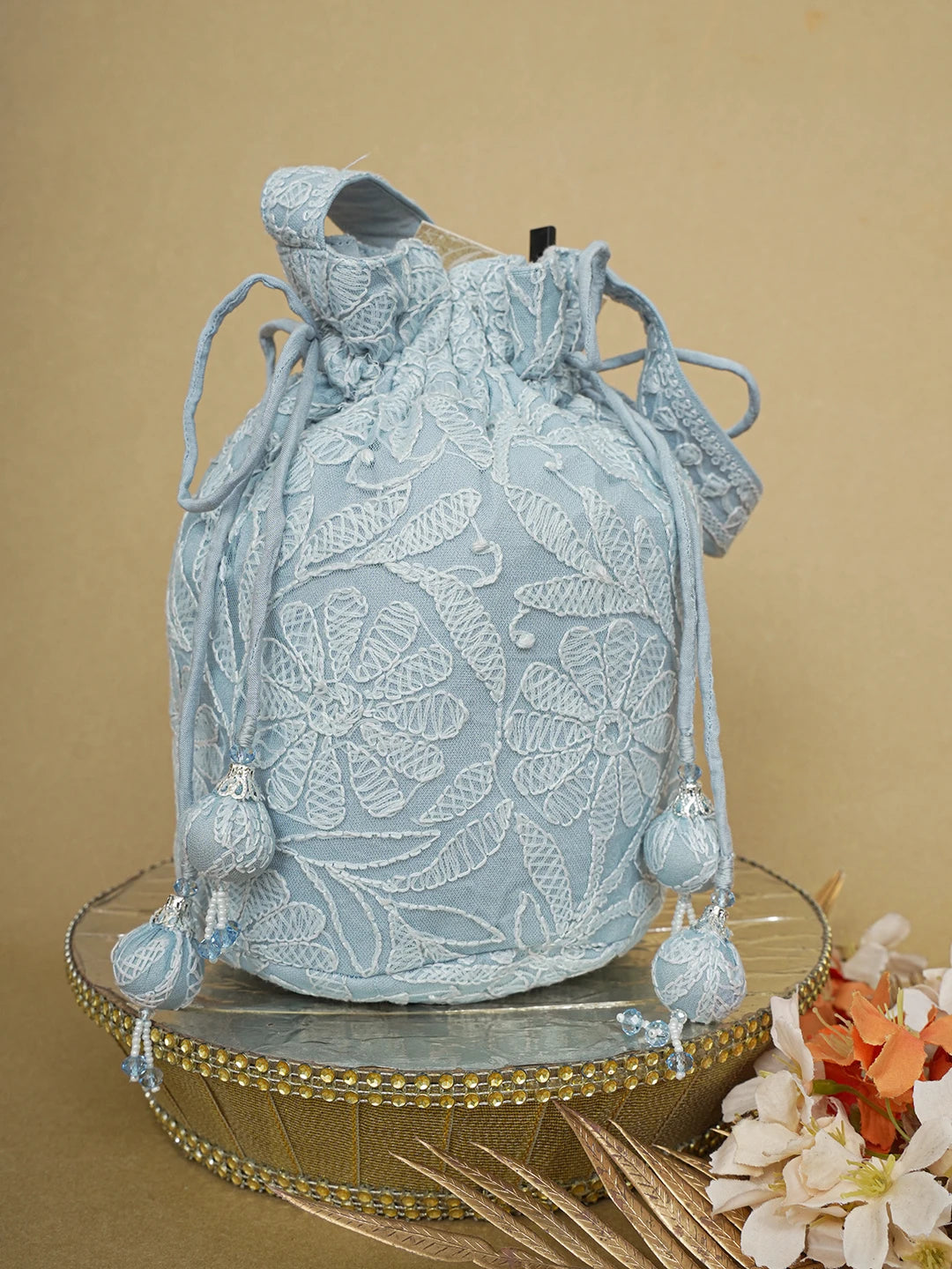 Ada Hand Embroidered Grey Net Lucknowi Chikankari Potli Bag 01A644302
