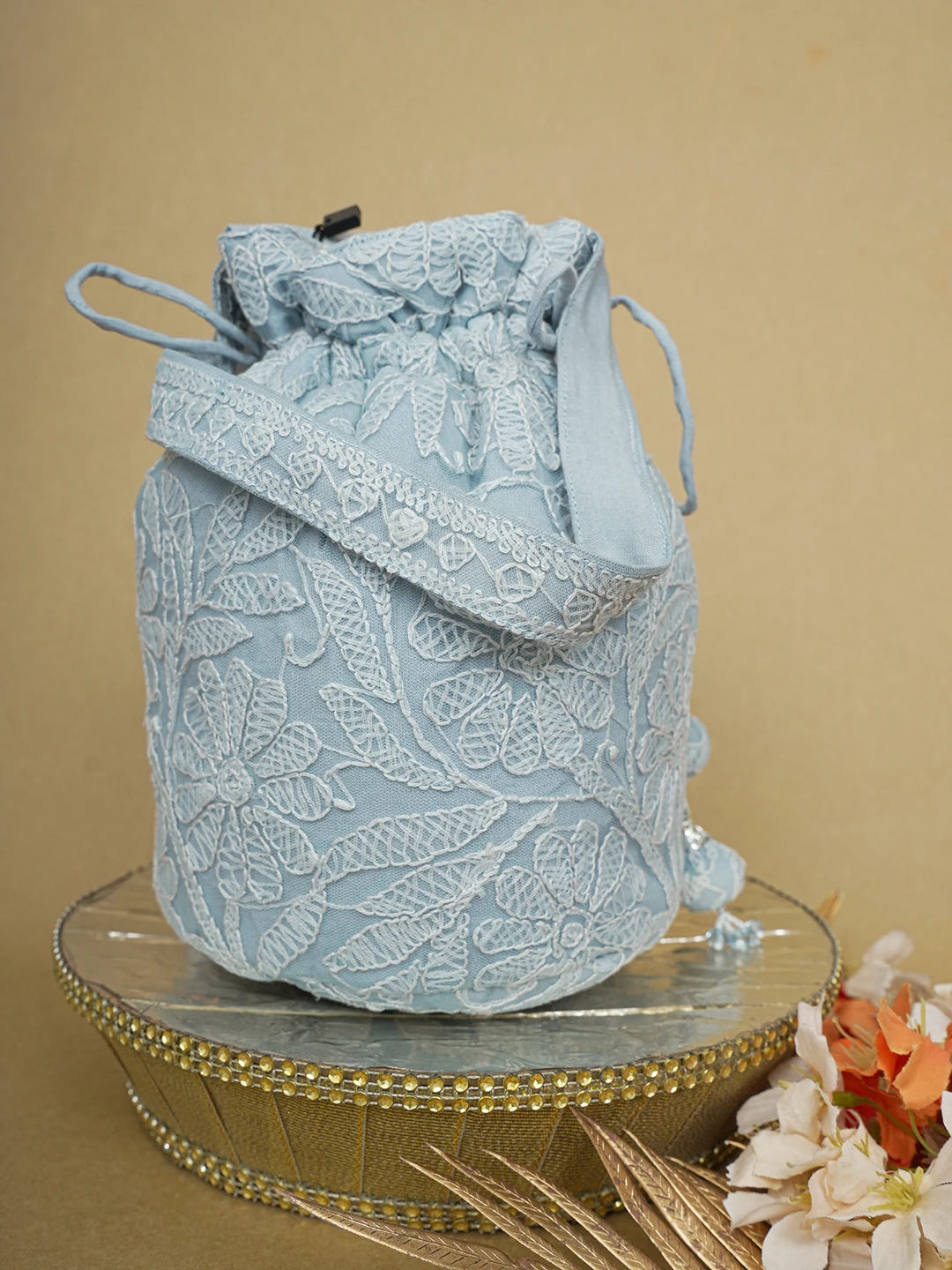 Ada Hand Embroidered Grey Net Lucknowi Chikankari Potli Bag 01A644302
