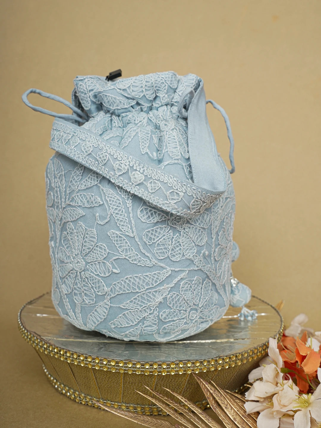 Ada Hand Embroidered Grey Net Lucknowi Chikankari Potli Bag 01A644302
