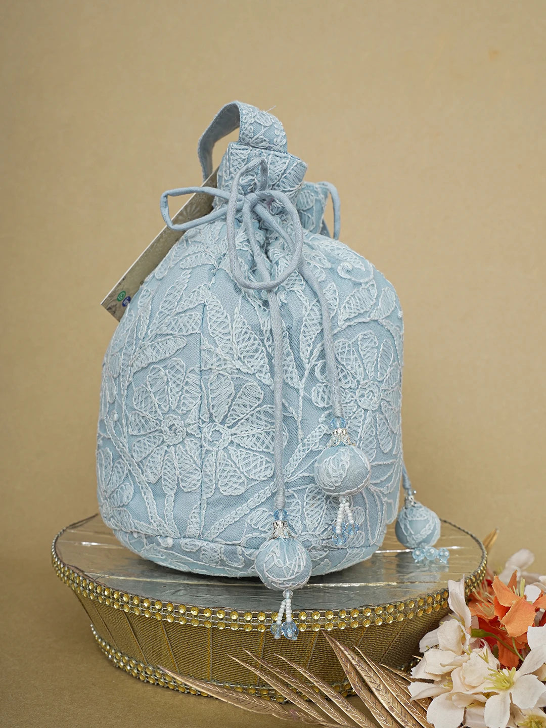 Ada Hand Embroidered Grey Net Lucknowi Chikankari Potli Bag 01A644302