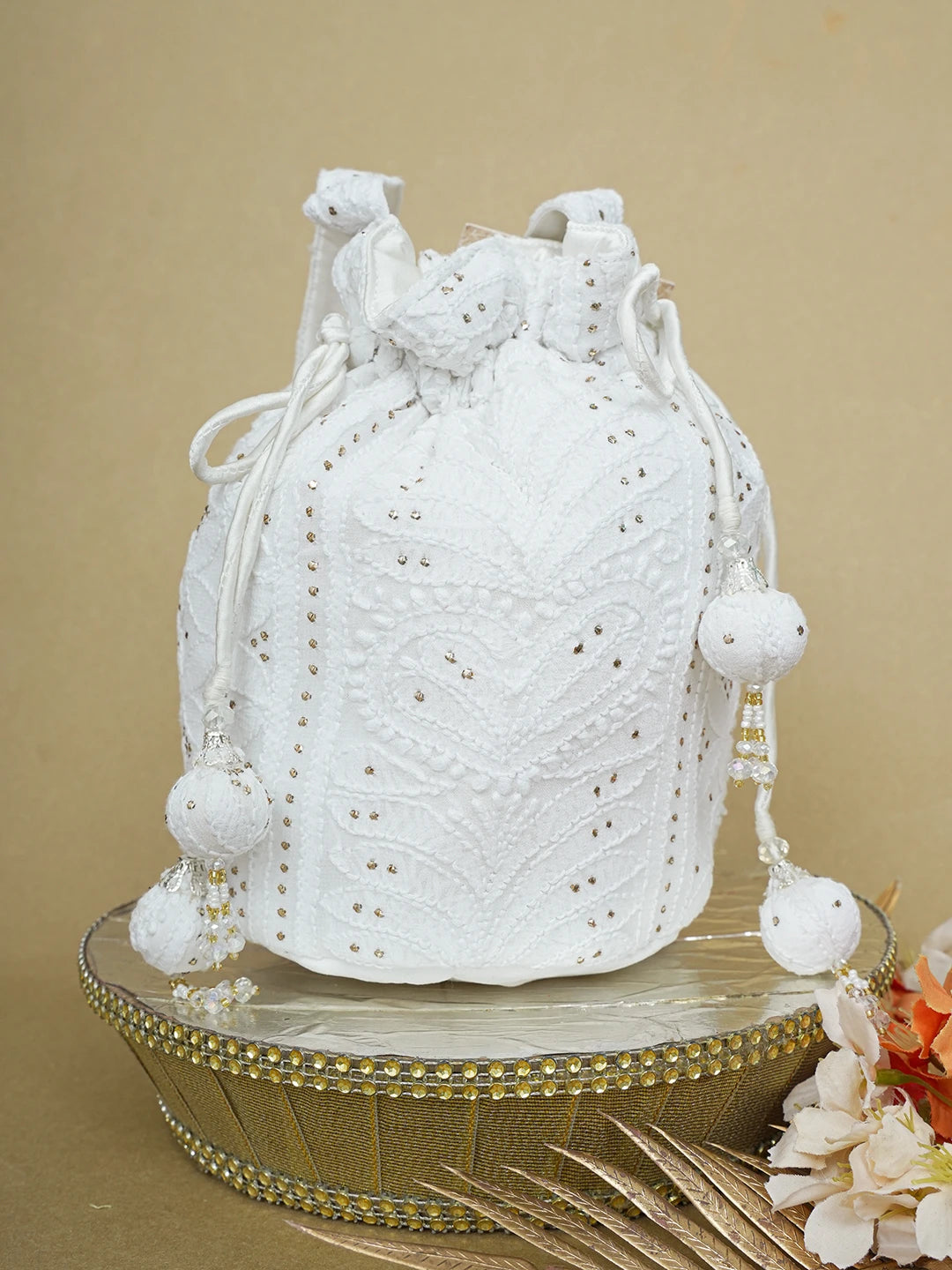 Ada Hand Embroidered White Georgette Lucknowi Chikankari Potli Bag With Mukaish Work 01A644297
