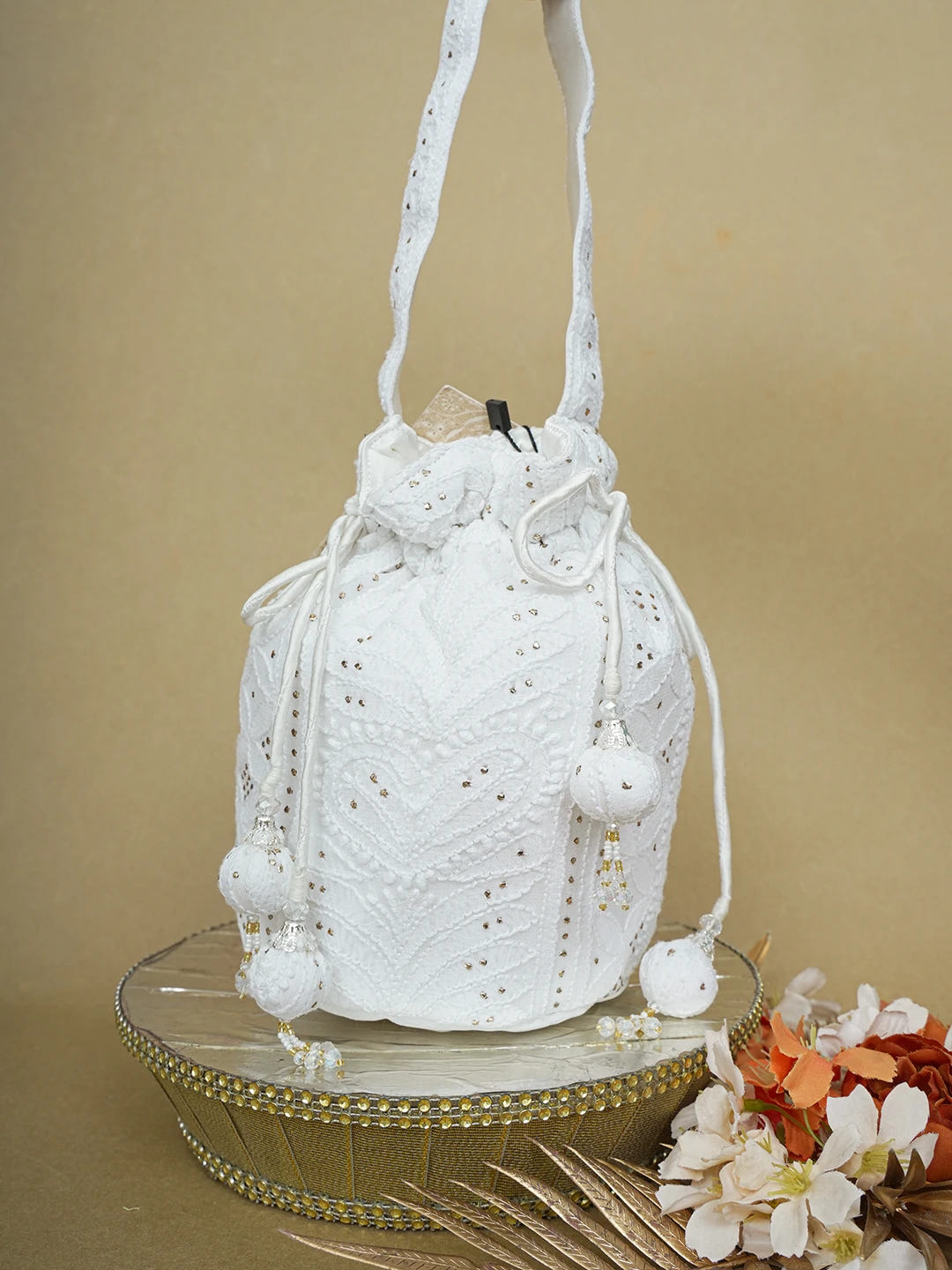 Ada Hand Embroidered White Georgette Lucknowi Chikankari Potli Bag With Mukaish Work 01A644297