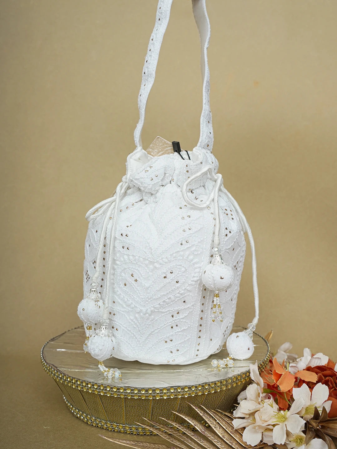 Ada Hand Embroidered White Georgette Lucknowi Chikankari Potli Bag With Mukaish Work 01A644297
