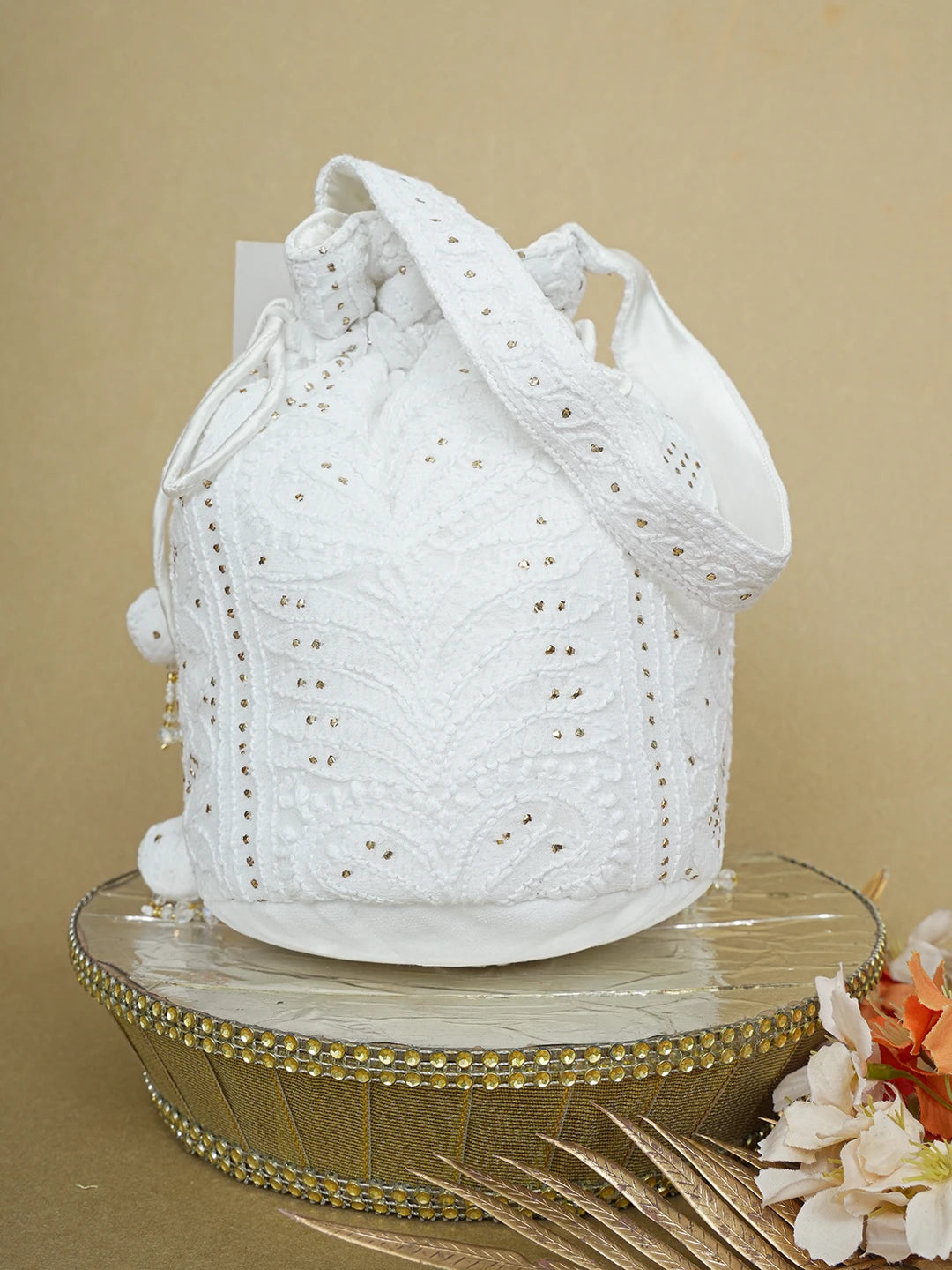 Ada Hand Embroidered White Georgette Lucknowi Chikankari Potli Bag With Mukaish Work 01A644297