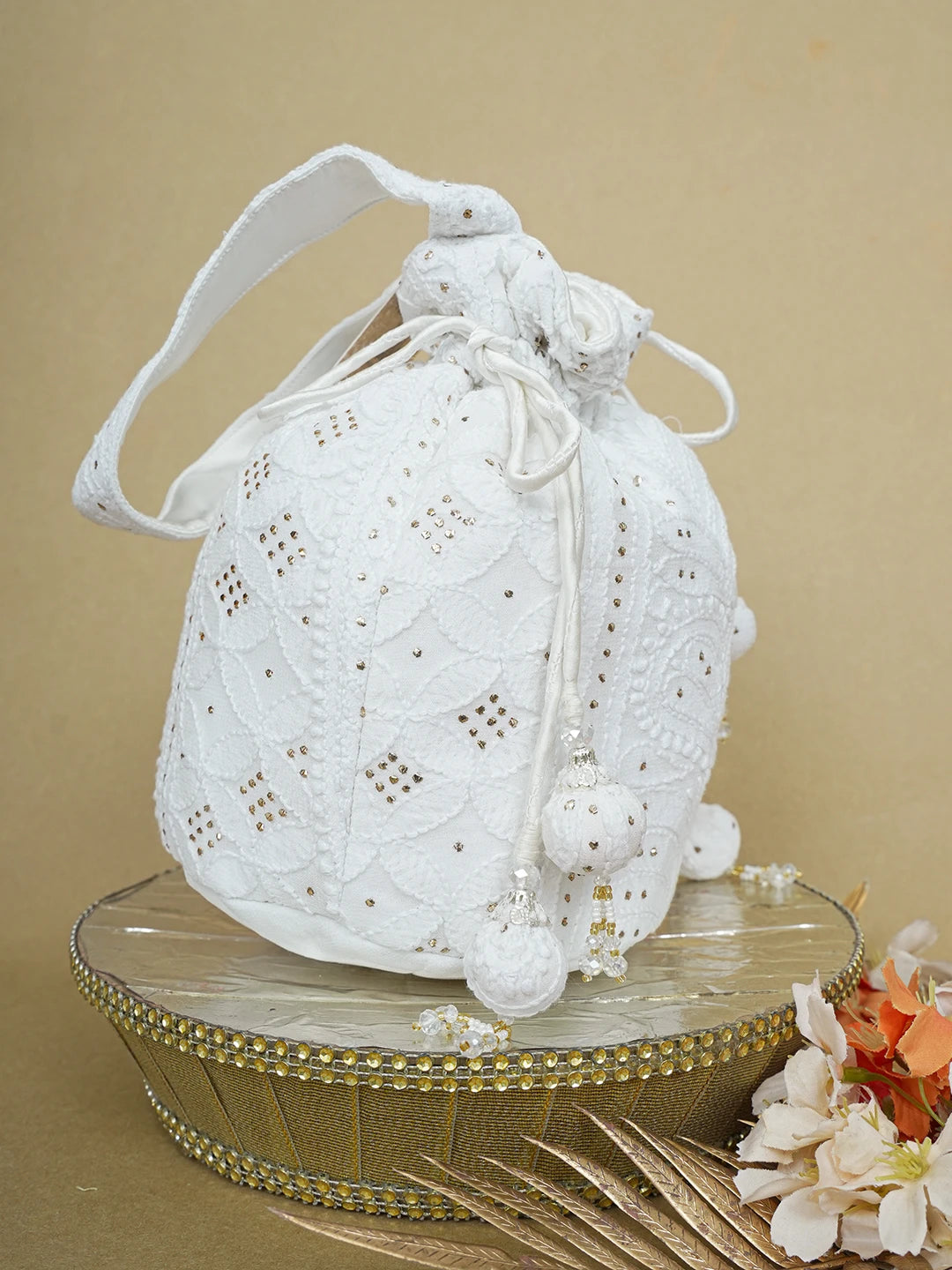 Ada Hand Embroidered White Georgette Lucknowi Chikankari Potli Bag With Mukaish Work 01A644297