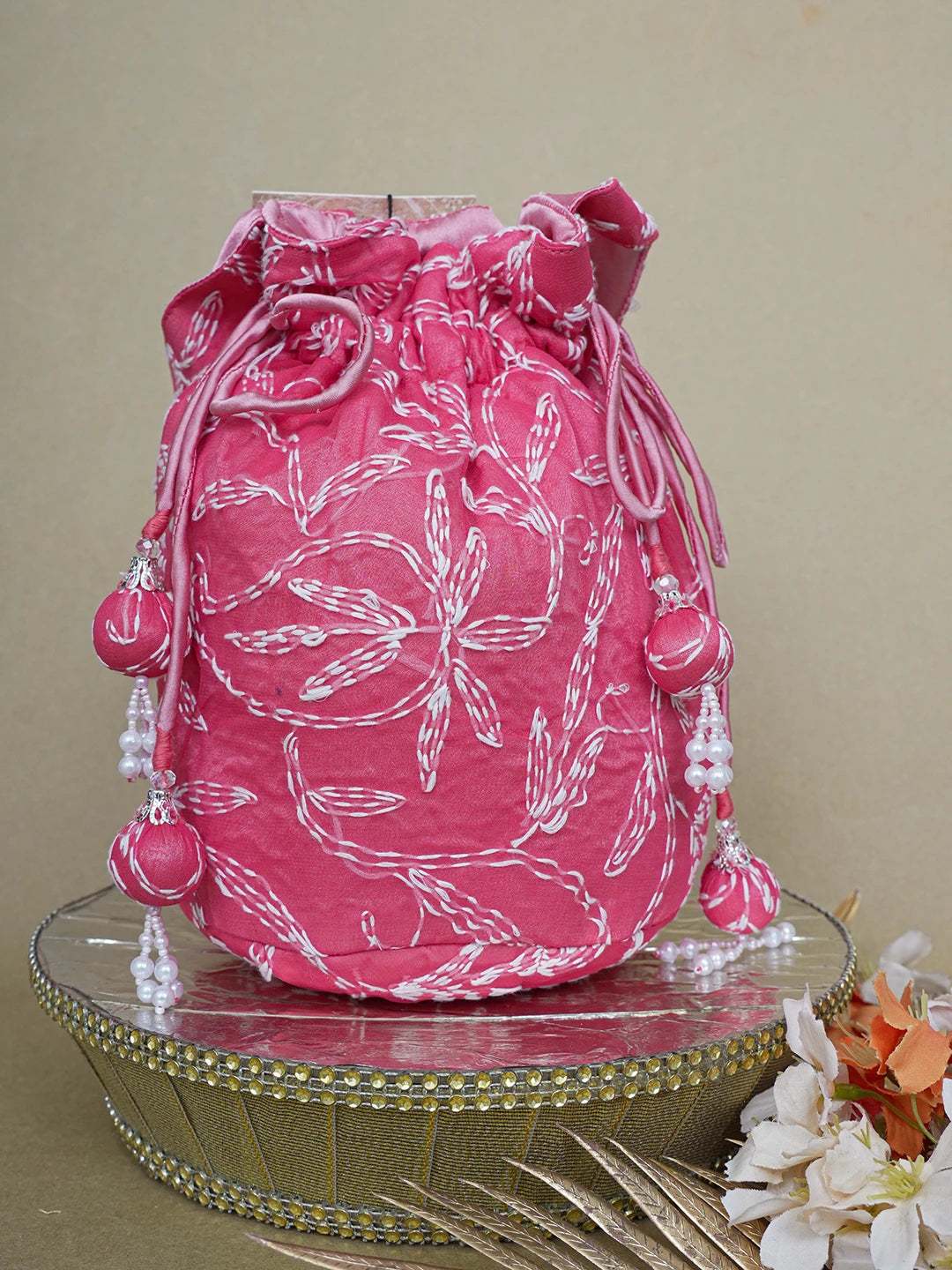 Ada Hand Embroidered Carrot PInk Net Lucknowi Chikankari Potli Bag With Pearl Work 01A644304
