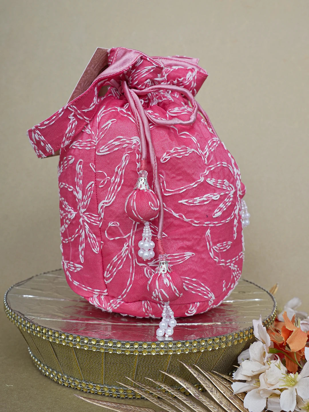 Ada Hand Embroidered Carrot PInk Net Lucknowi Chikankari Potli Bag With Pearl Work 01A644304