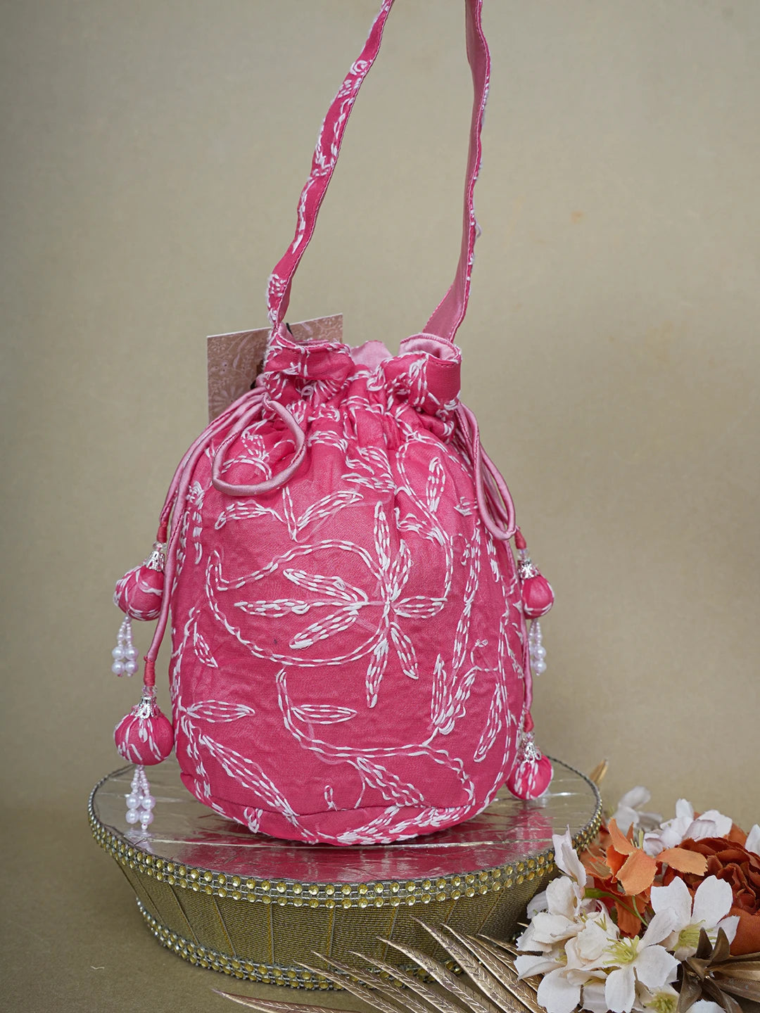 Ada Hand Embroidered Carrot PInk Net Lucknowi Chikankari Potli Bag With Pearl Work 01A644304