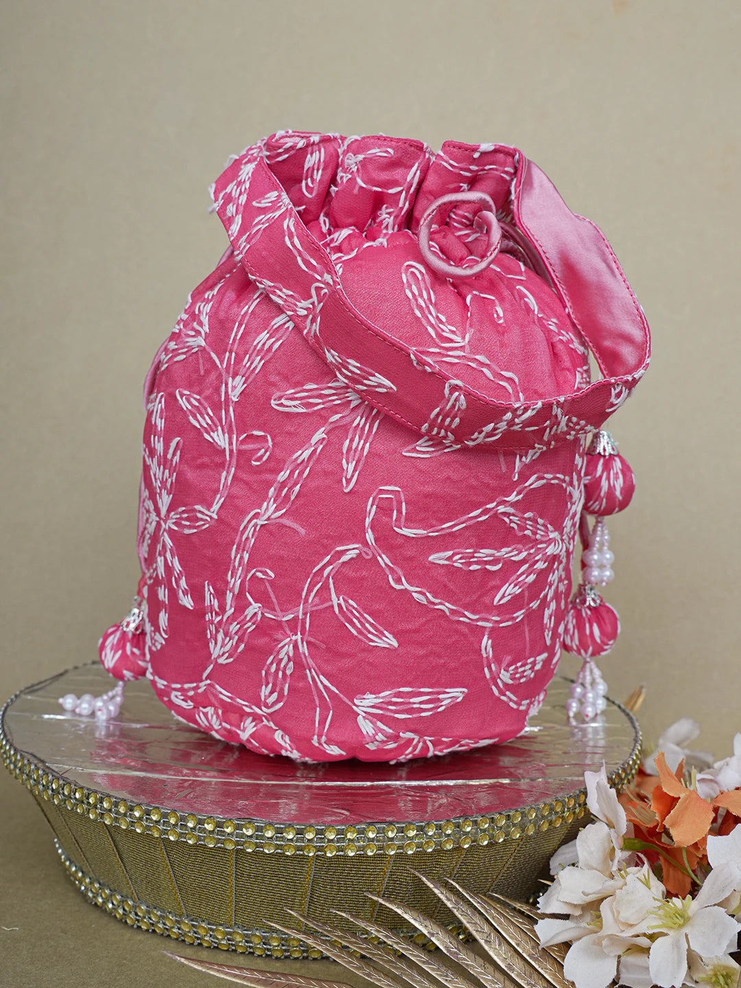 Ada Hand Embroidered Carrot PInk Net Lucknowi Chikankari Potli Bag With Pearl Work 01A644304