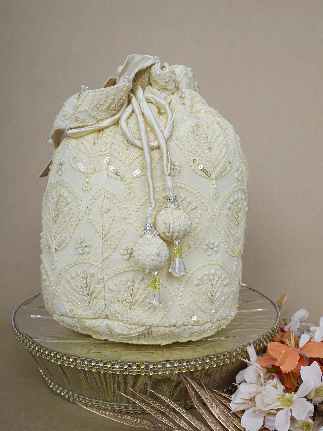 Ada Hand Embroidered Flax Yellow Viscose Georgette Lucknowi Chikankari Potli Bag With Sequinned Work 01A643139