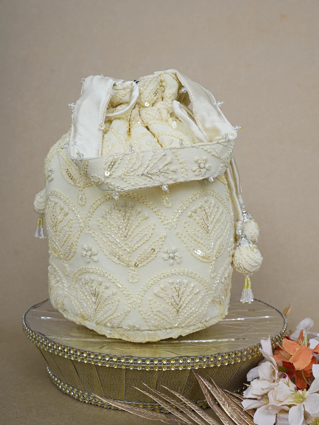 Ada Hand Embroidered Flax Yellow Viscose Georgette Lucknowi Chikankari Potli Bag With Sequinned Work 01A643139