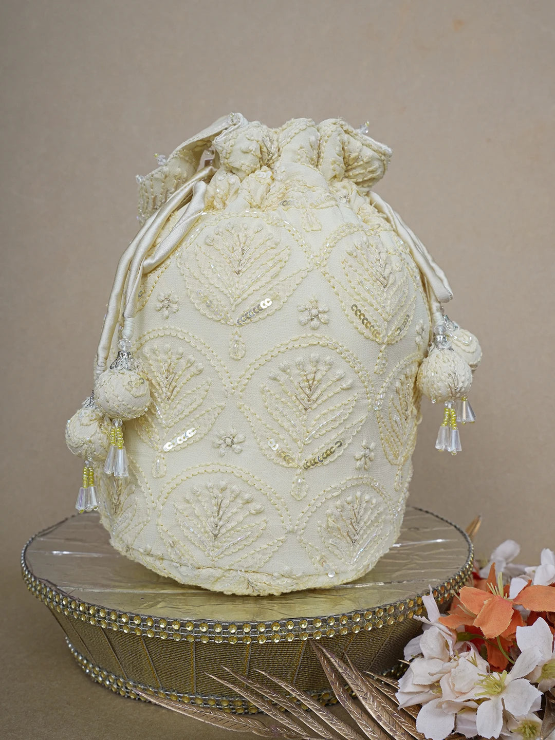 Ada Hand Embroidered Flax Yellow Viscose Georgette Lucknowi Chikankari Potli Bag With Sequinned Work 01A643139