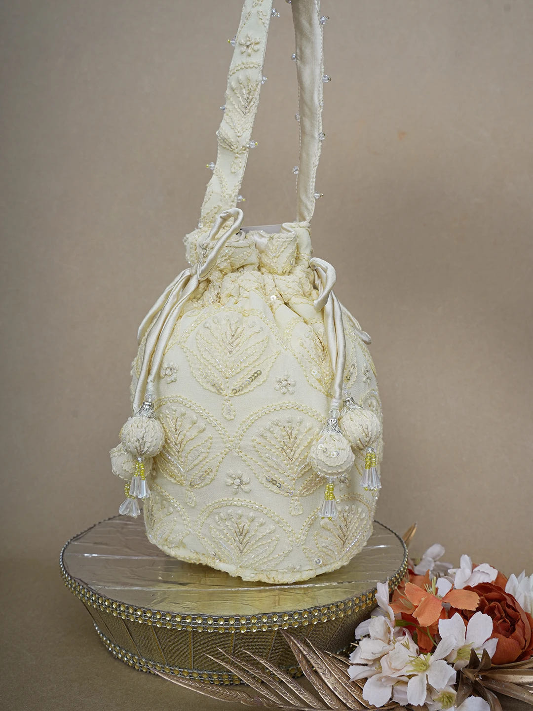 Ada Hand Embroidered Flax Yellow Viscose Georgette Lucknowi Chikankari Potli Bag With Sequinned Work 01A643139