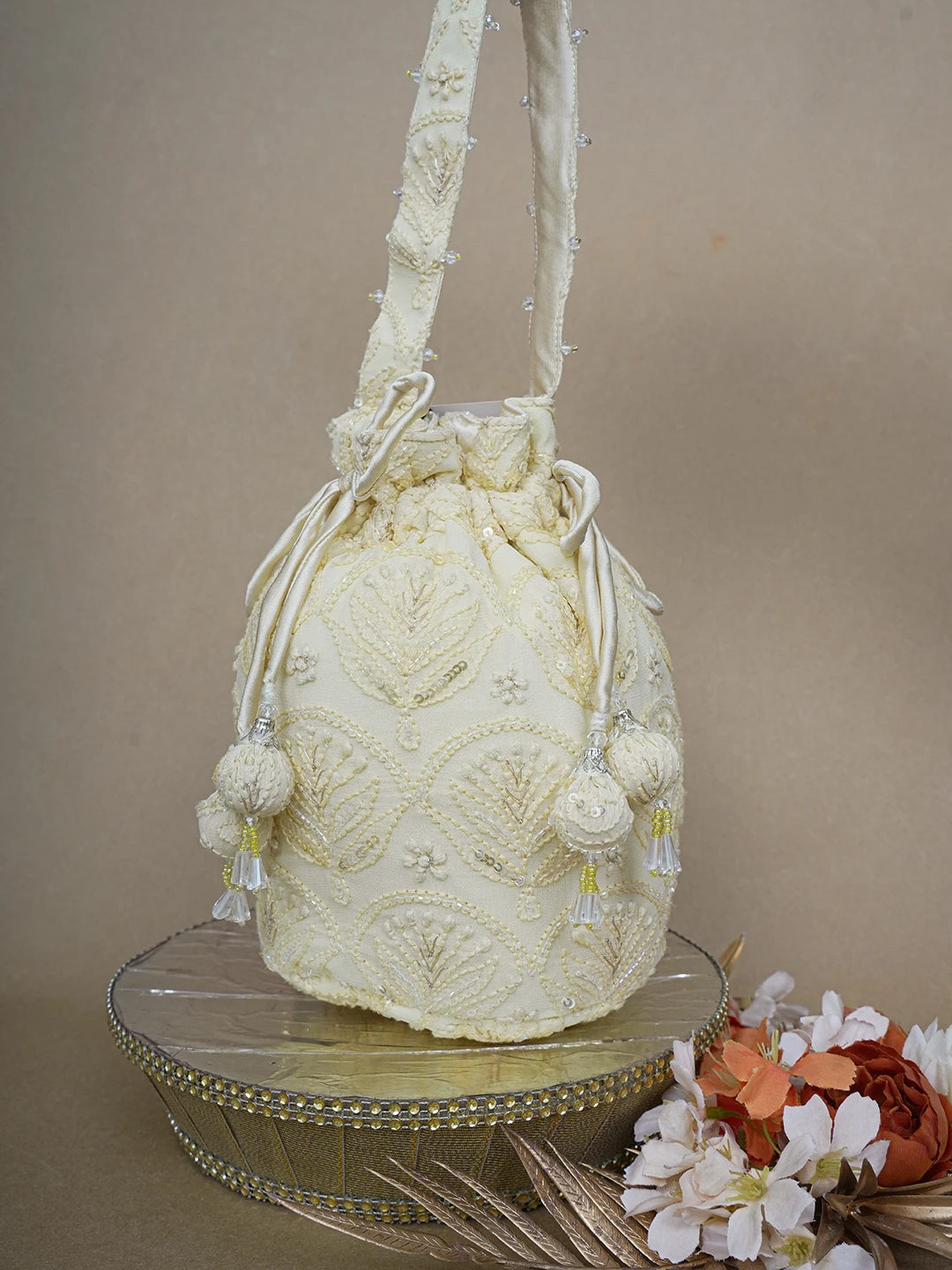 Ada Hand Embroidered Flax Yellow Viscose Georgette Lucknowi Chikankari Potli Bag With Sequinned Work 01A643139