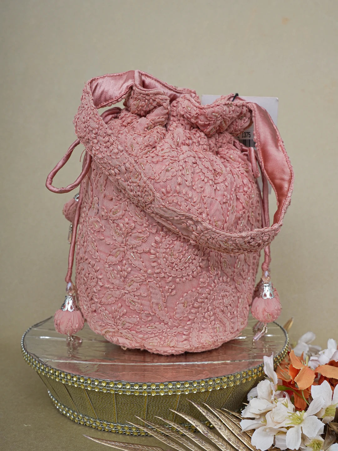 Ada Hand Embroidered Dusty Peach Viscose Georgette Lucknowi Chikankari Potli Bag 01A630979