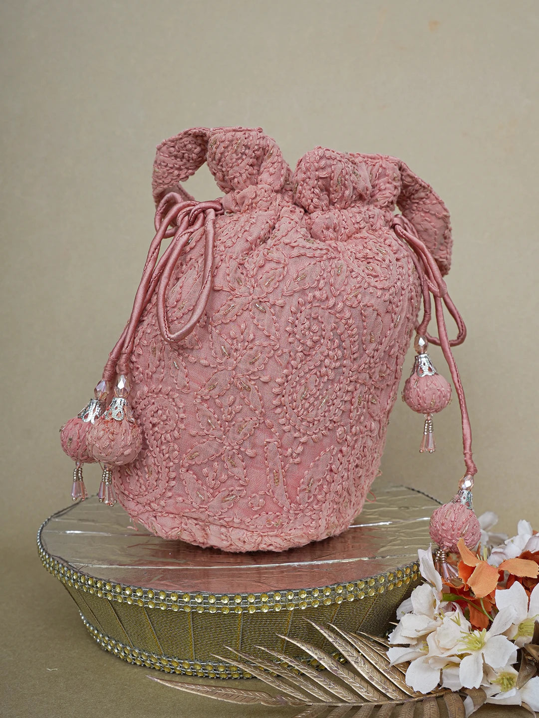 Ada Hand Embroidered Dusty Peach Viscose Georgette Lucknowi Chikankari Potli Bag 01A630979