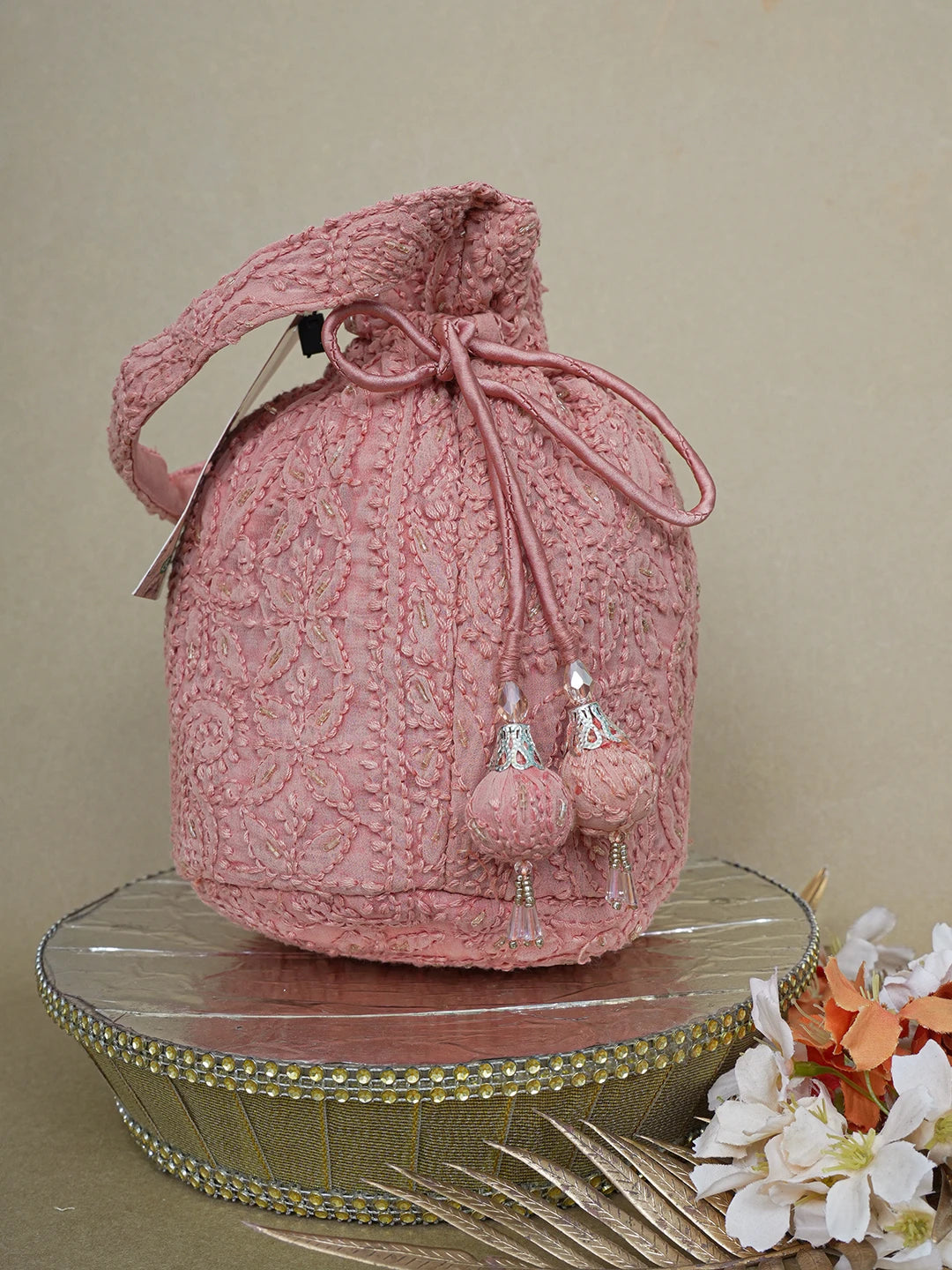 Ada Hand Embroidered Dusty Peach Viscose Georgette Lucknowi Chikankari Potli Bag 01A630979