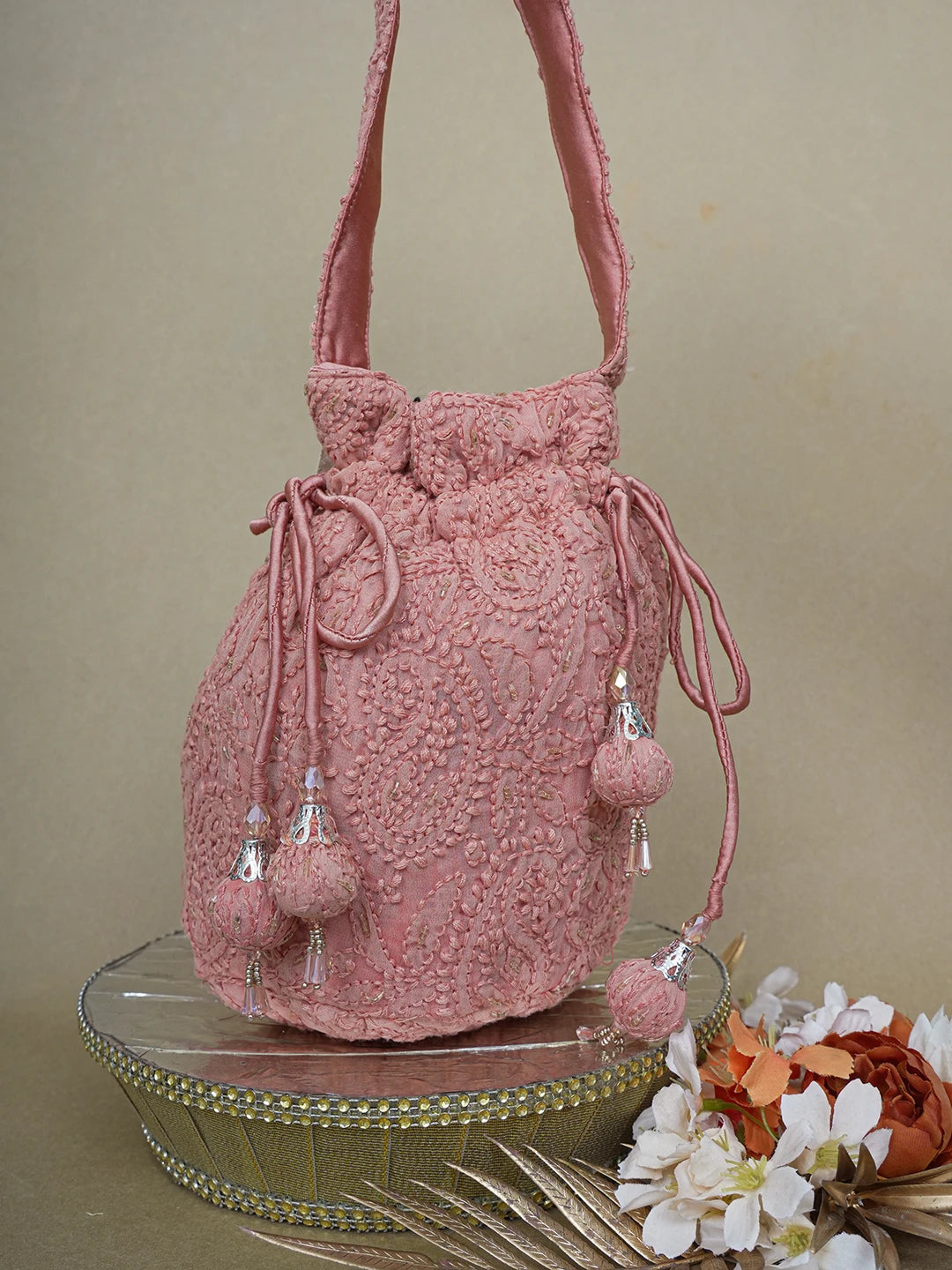 Ada Hand Embroidered Dusty Peach Viscose Georgette Lucknowi Chikankari Potli Bag 01A630979