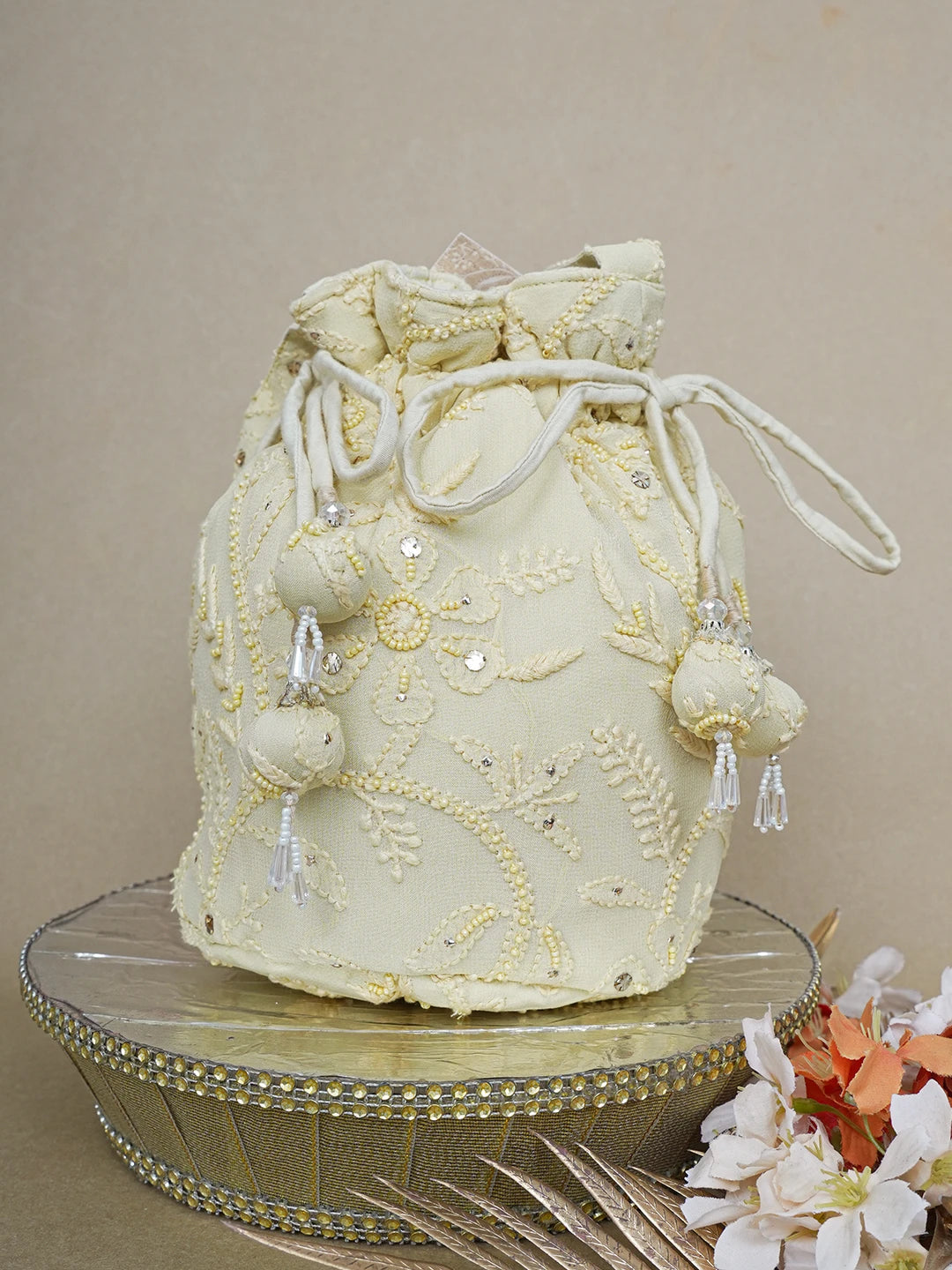 Ada Hand Embroidered Fawn Viscose Georgette Lucknowi Chikankari Potli Bag With Muqaish Work 01A643142