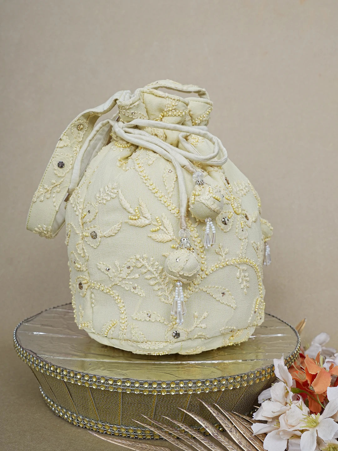 Ada Hand Embroidered Fawn Viscose Georgette Lucknowi Chikankari Potli Bag With Muqaish Work 01A643142