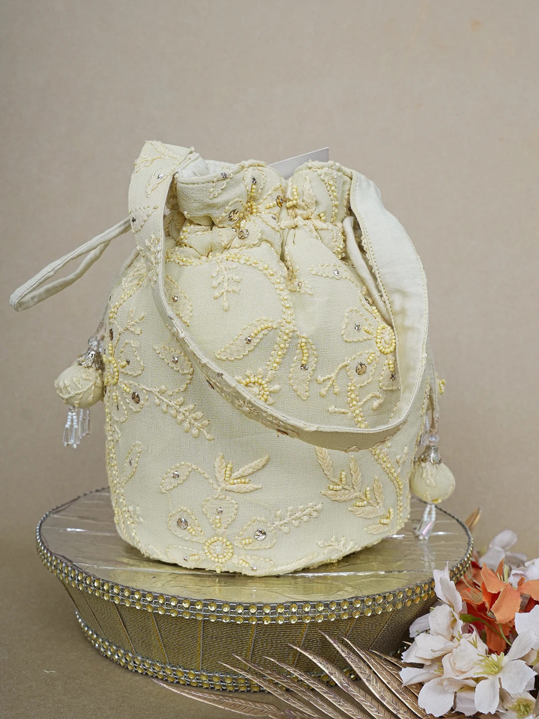 Ada Hand Embroidered Fawn Viscose Georgette Lucknowi Chikankari Potli Bag With Muqaish Work 01A643142