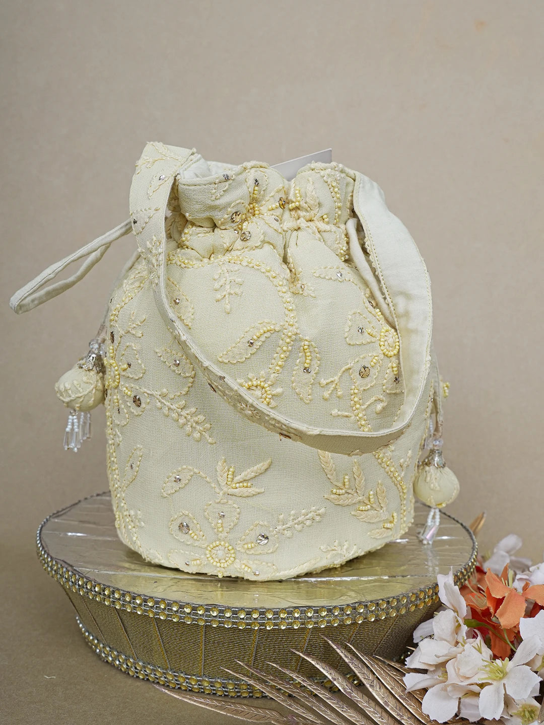 Ada Hand Embroidered Fawn Viscose Georgette Lucknowi Chikankari Potli Bag With Muqaish Work 01A643142