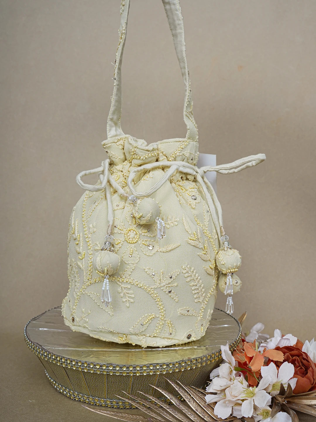 Ada Hand Embroidered Fawn Viscose Georgette Lucknowi Chikankari Potli Bag With Muqaish Work 01A643142