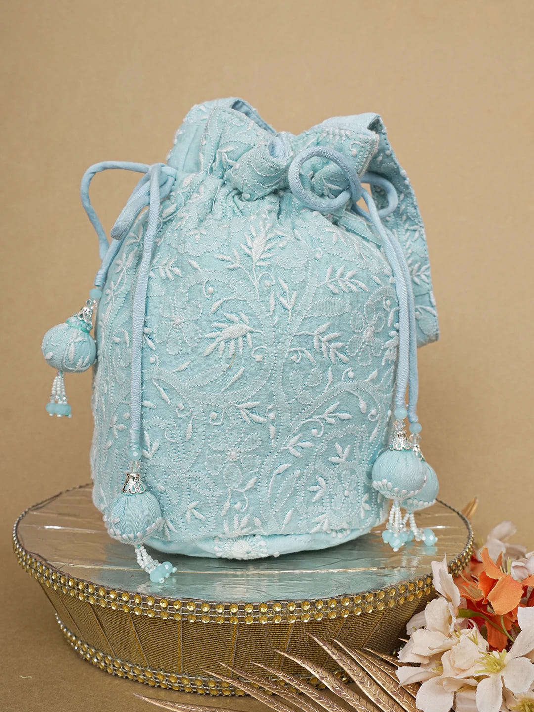Ada Hand Embroidered Sky Blue Chanderi Lucknowi Chikankari Potli Bag 01A643144