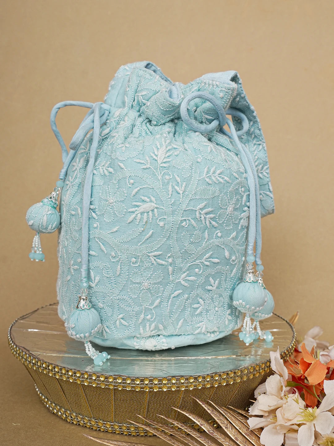 Ada Hand Embroidered Sky Blue Chanderi Lucknowi Chikankari Potli Bag 01A643144