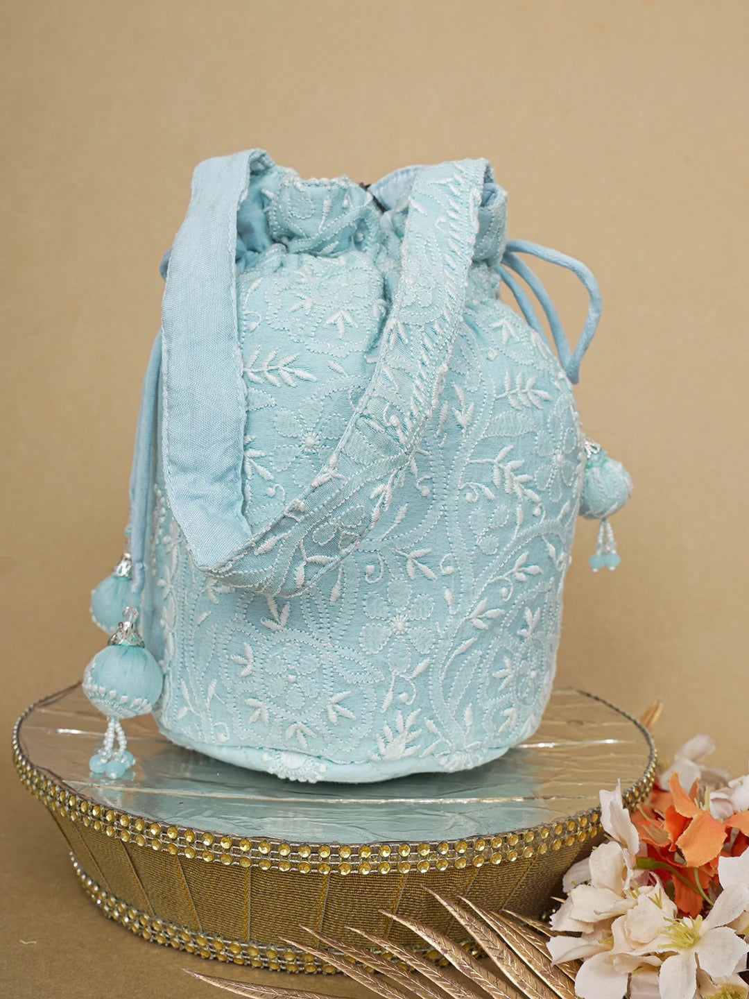 Ada Hand Embroidered Sky Blue Chanderi Lucknowi Chikankari Potli Bag 01A643144