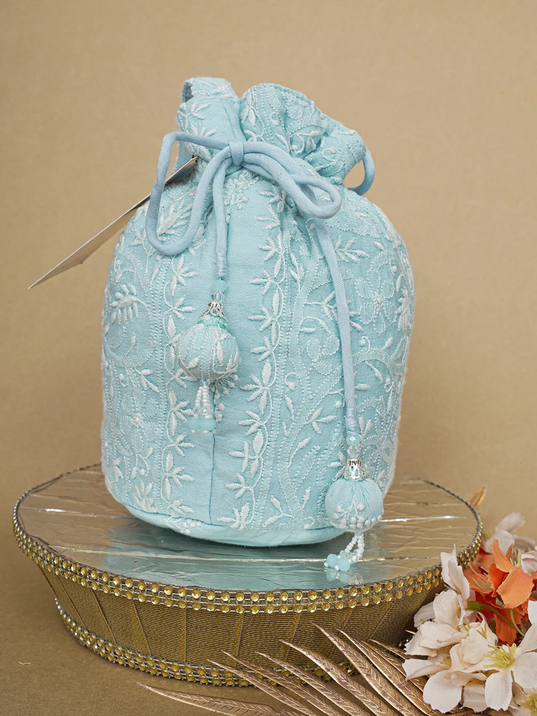 Ada Hand Embroidered Sky Blue Chanderi Lucknowi Chikankari Potli Bag 01A643144
